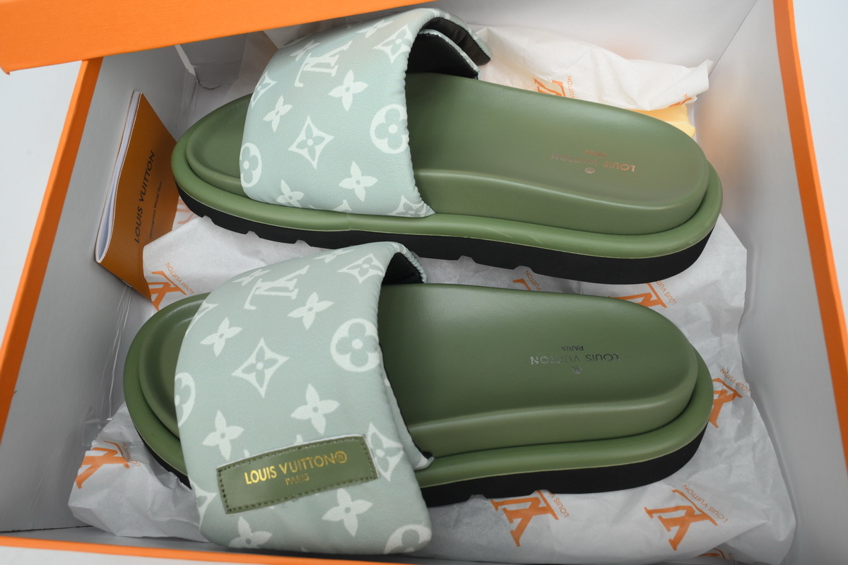  Light Green Denim Green Label LOUIS VUITTON Velcro Pool Slides Pool Pillow Comfort