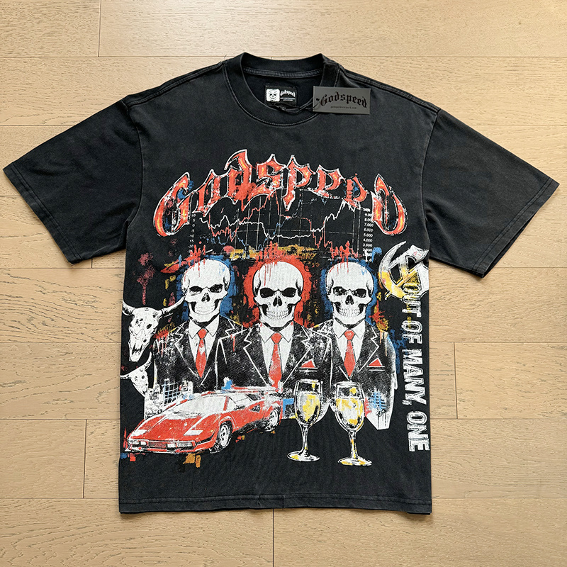 Godspeed Washed Black Graphic T-Shirt - Skull Gentleman 1179# 