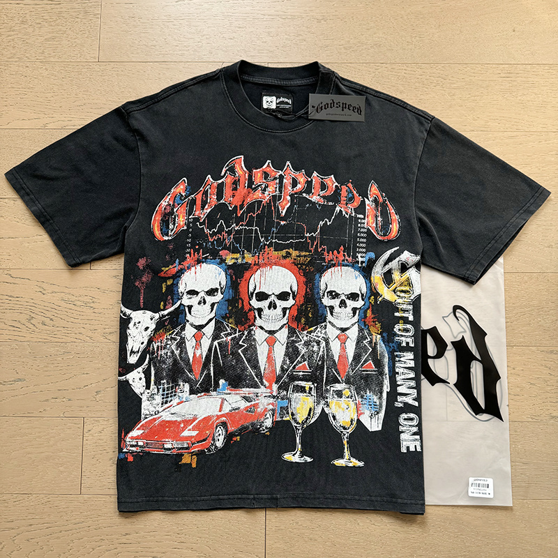 Godspeed Washed Black Graphic T-Shirt - Skull Gentleman 1179# 