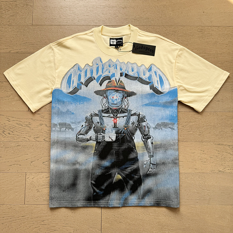 Godspeed Beige Cyber Robot Graphic Short Sleeve T-Shirt 3178#