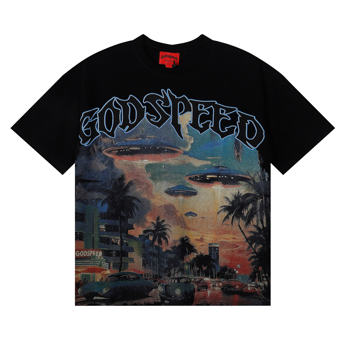 Godspeed City UFO Flying Saucer Print Short Sleeve T-Shirt Unisex 7039