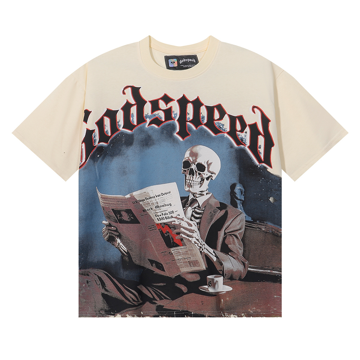Godspeed Newspaper Reading Skull Print Sleeve T-Shirt Unisex 7037