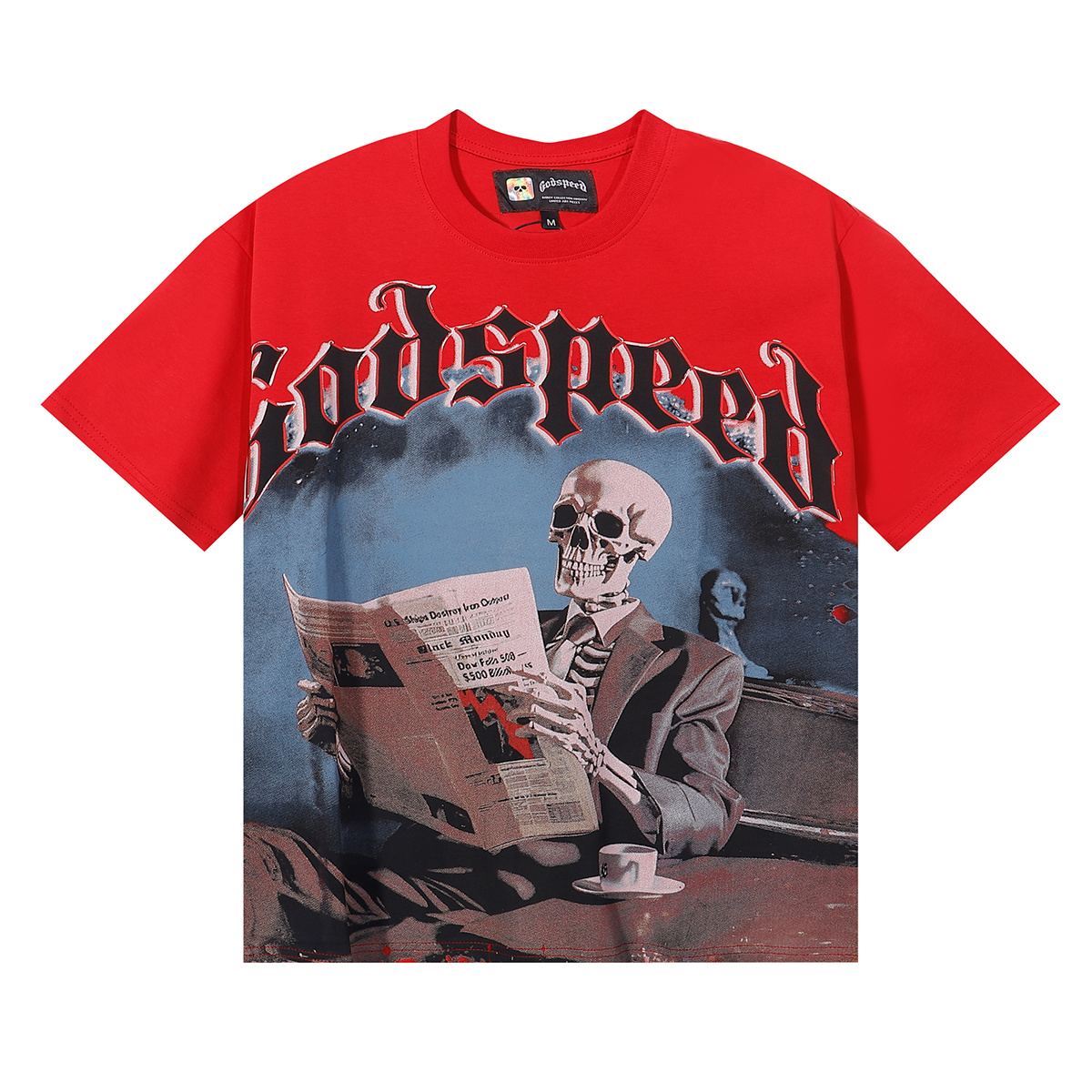 Godspeed Newspaper Reading Skull Print Sleeve T-Shirt Unisex 7037