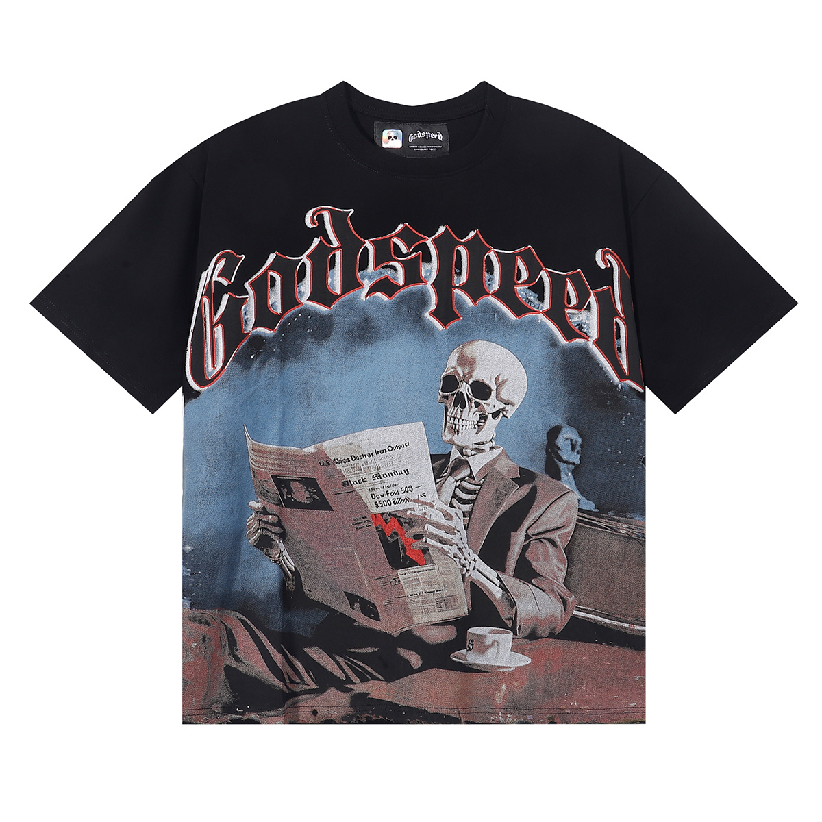 Godspeed Newspaper Reading Skull Print Sleeve T-Shirt Unisex 7037