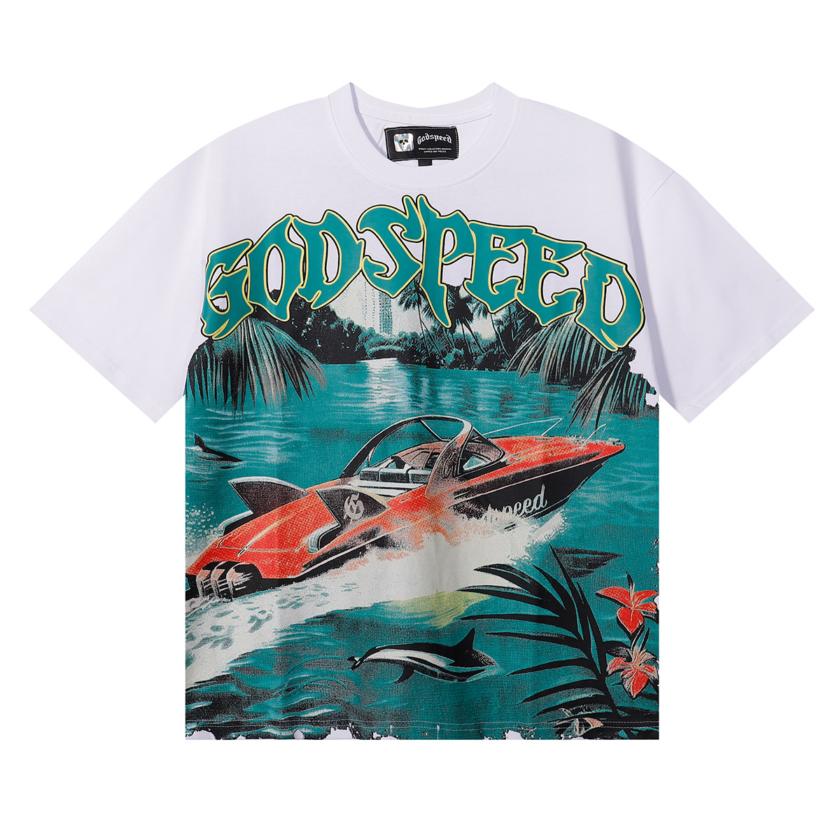 Godspeed Speedboat Shark Print Short Sleeve T-Shirt Unisex 7051