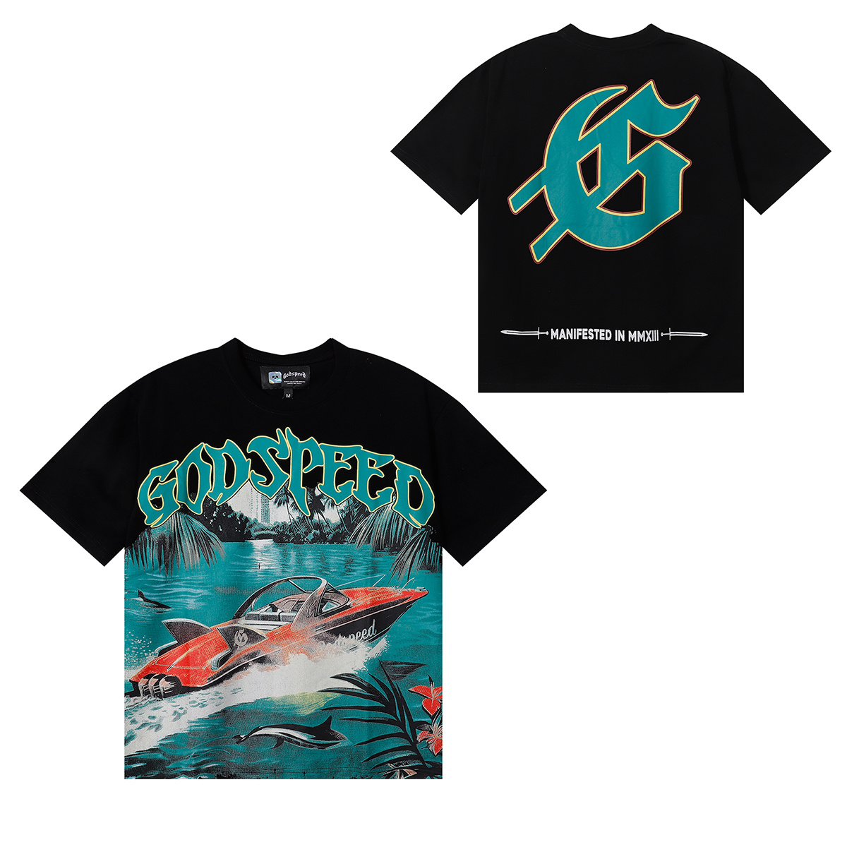 Godspeed Speedboat Shark Print Short Sleeve T-Shirt Unisex 7051