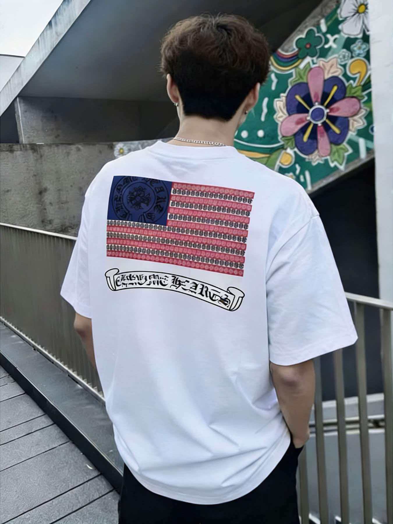 Chrome Hearts American Flag Floral Cross Print Short Sleeve T-Shirt