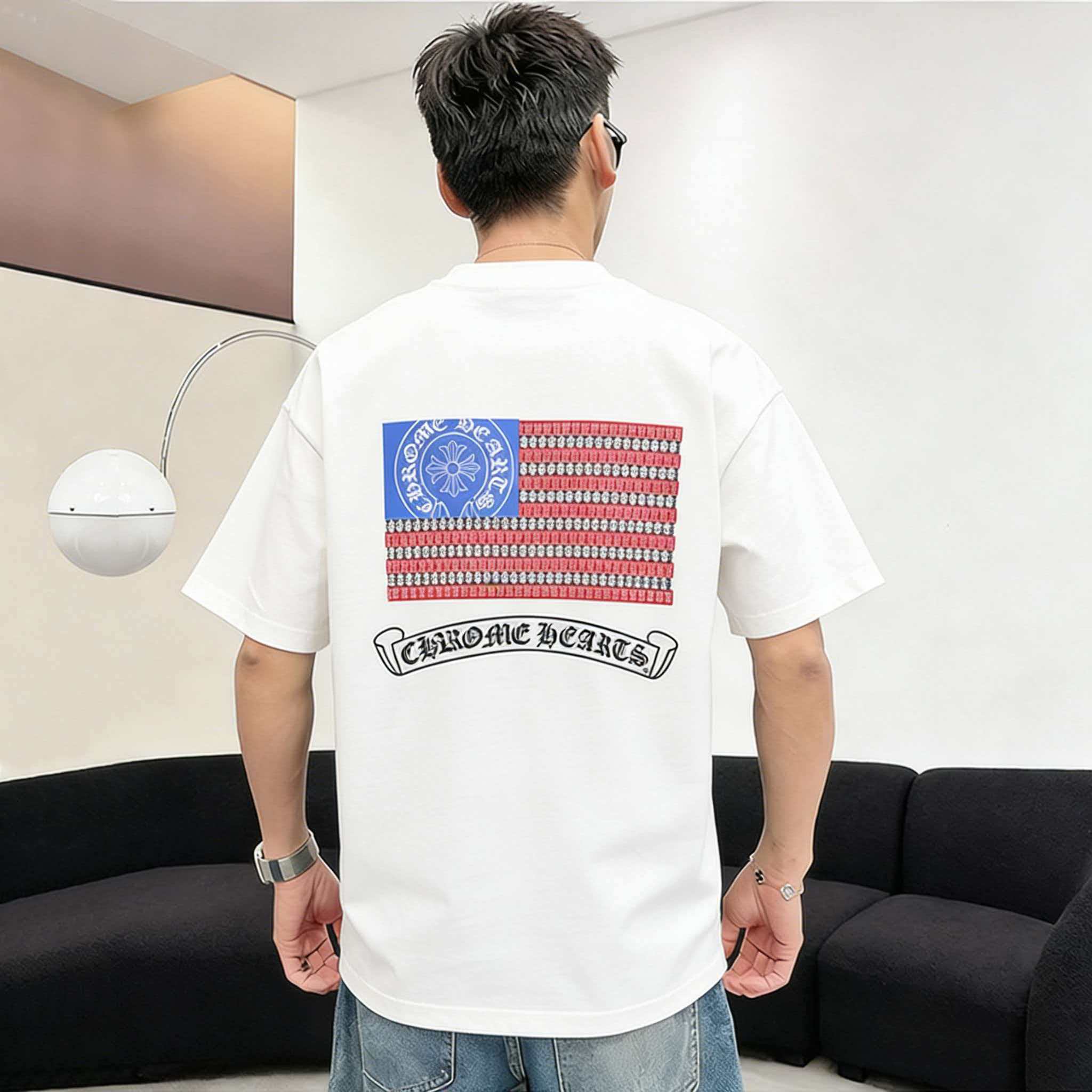 Chrome Hearts American Flag Floral Cross Print Short Sleeve T-Shirt