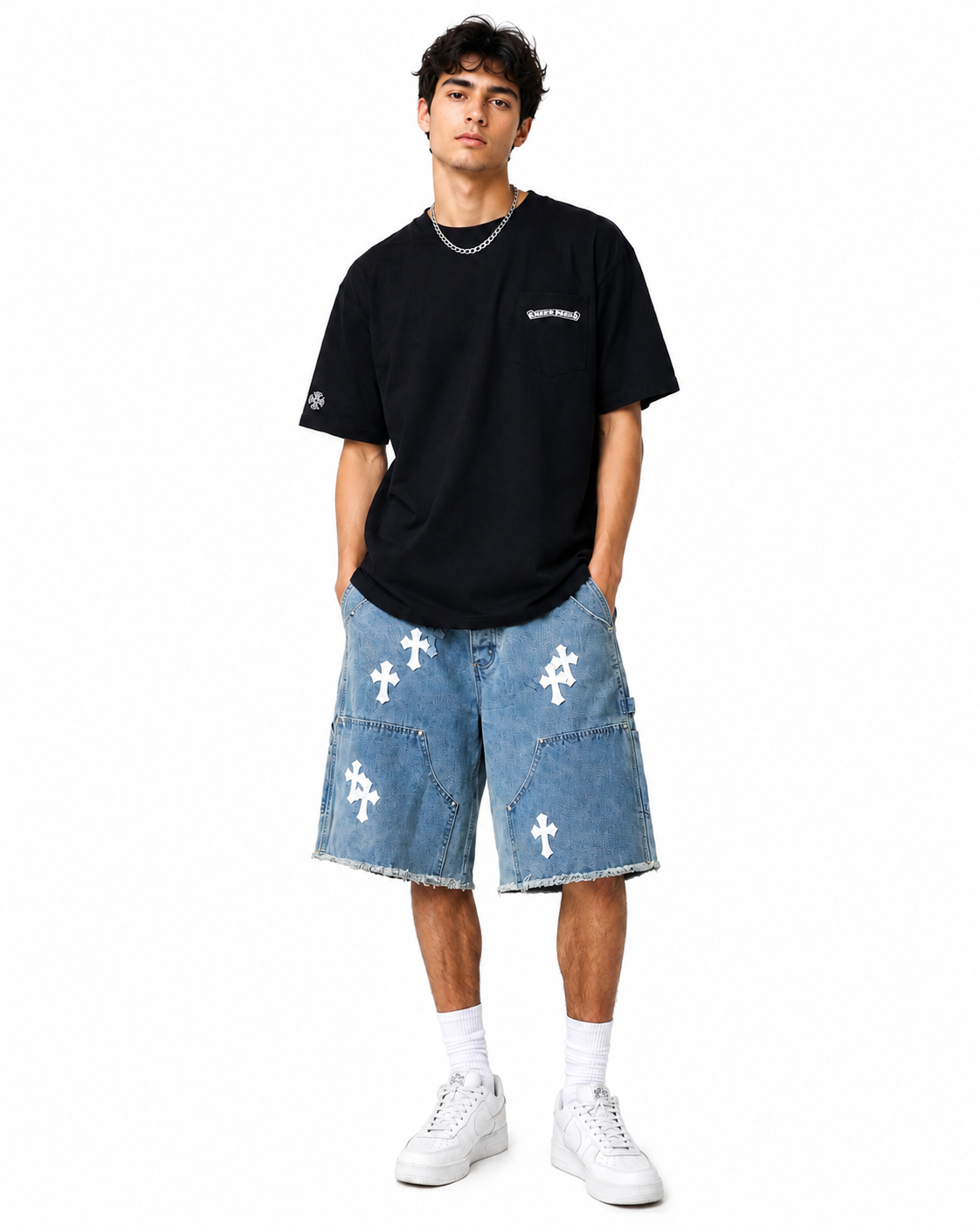 Chrome Hearts Set Denim Shorts + Pink Sword Print T-Shirt