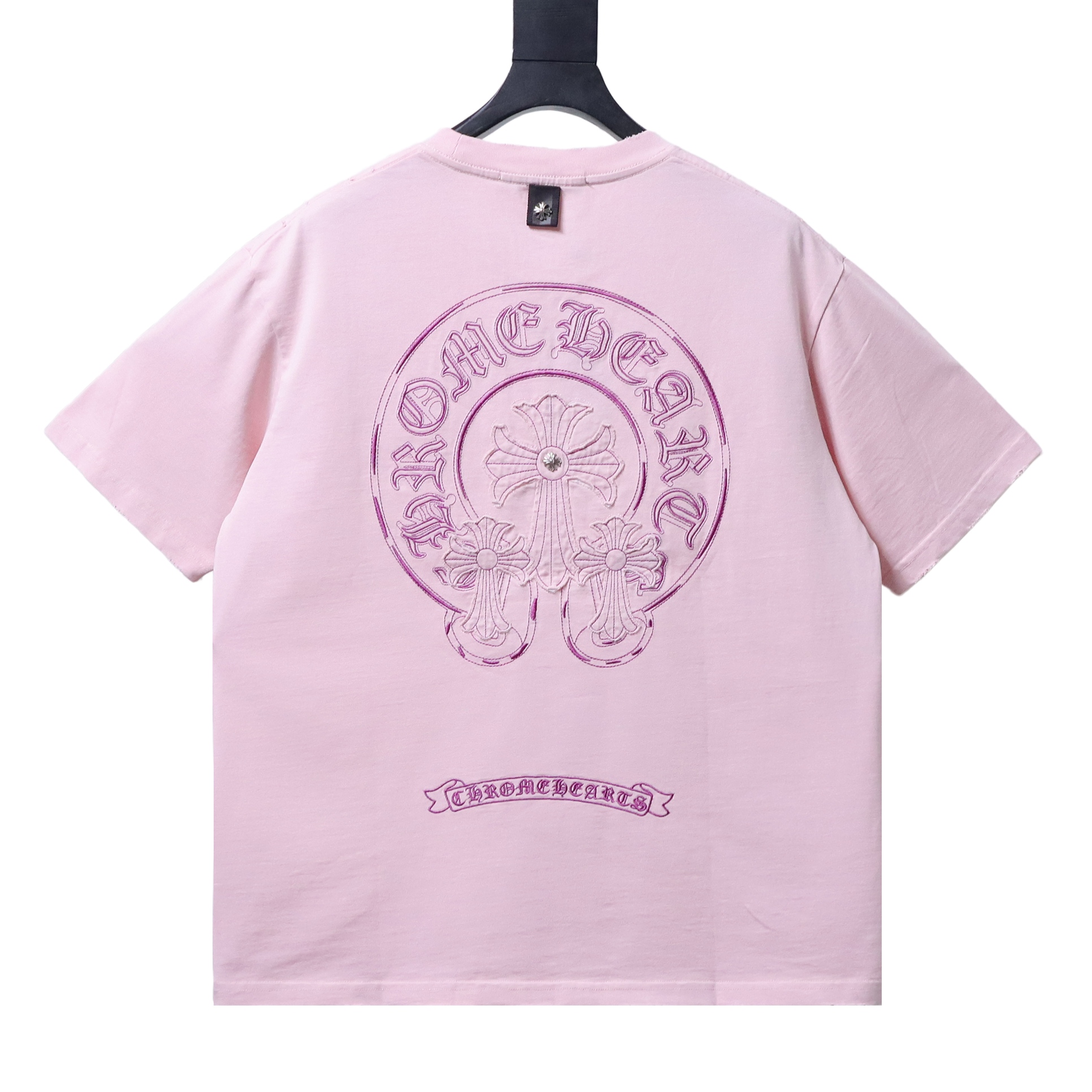 Chrome Hearts Pink Horseshoe Cross Burnout Patch Distressed Print T-Shirt