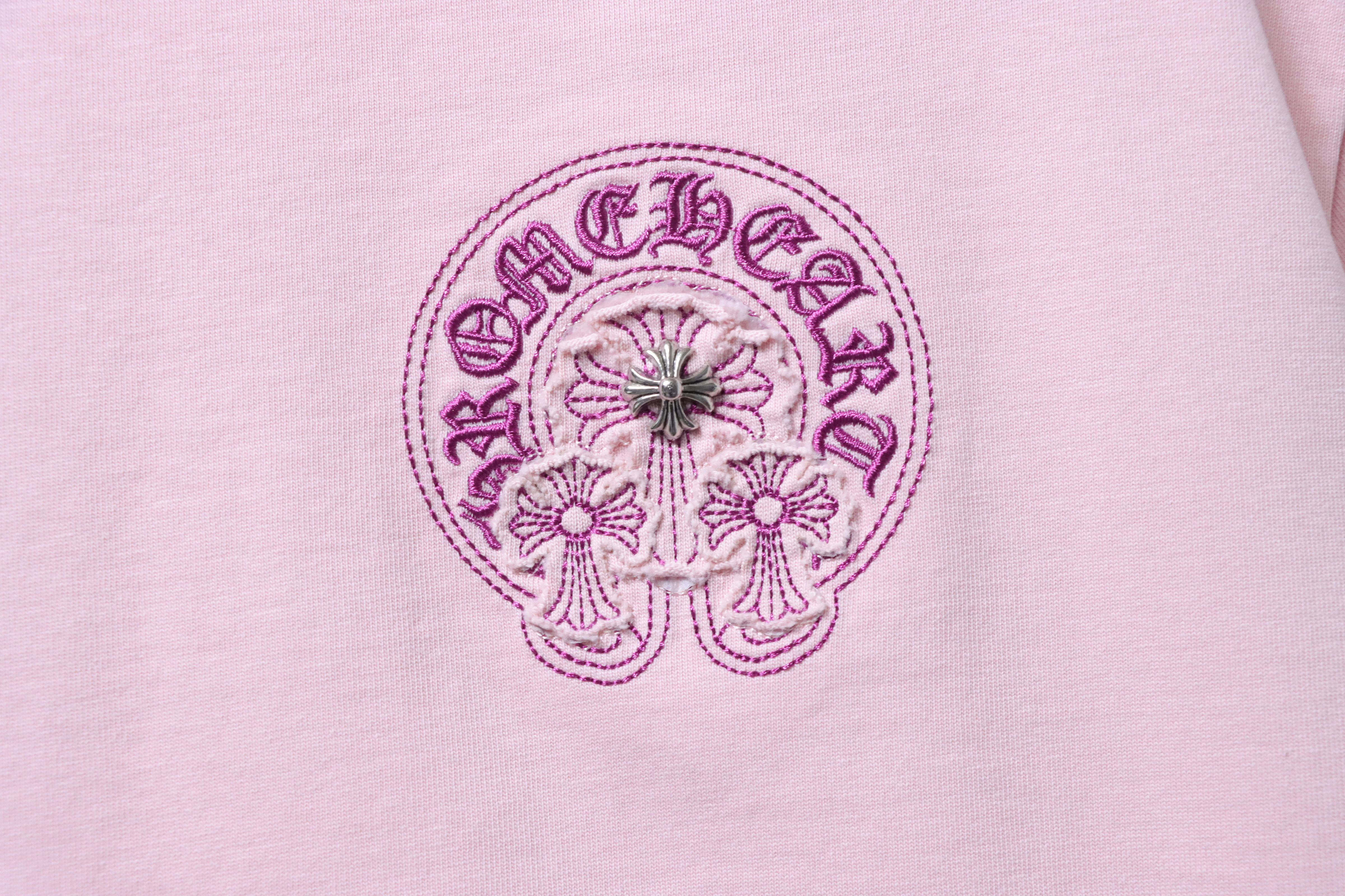 Chrome Hearts Pink Horseshoe Cross Burnout Patch Distressed Print T-Shirt