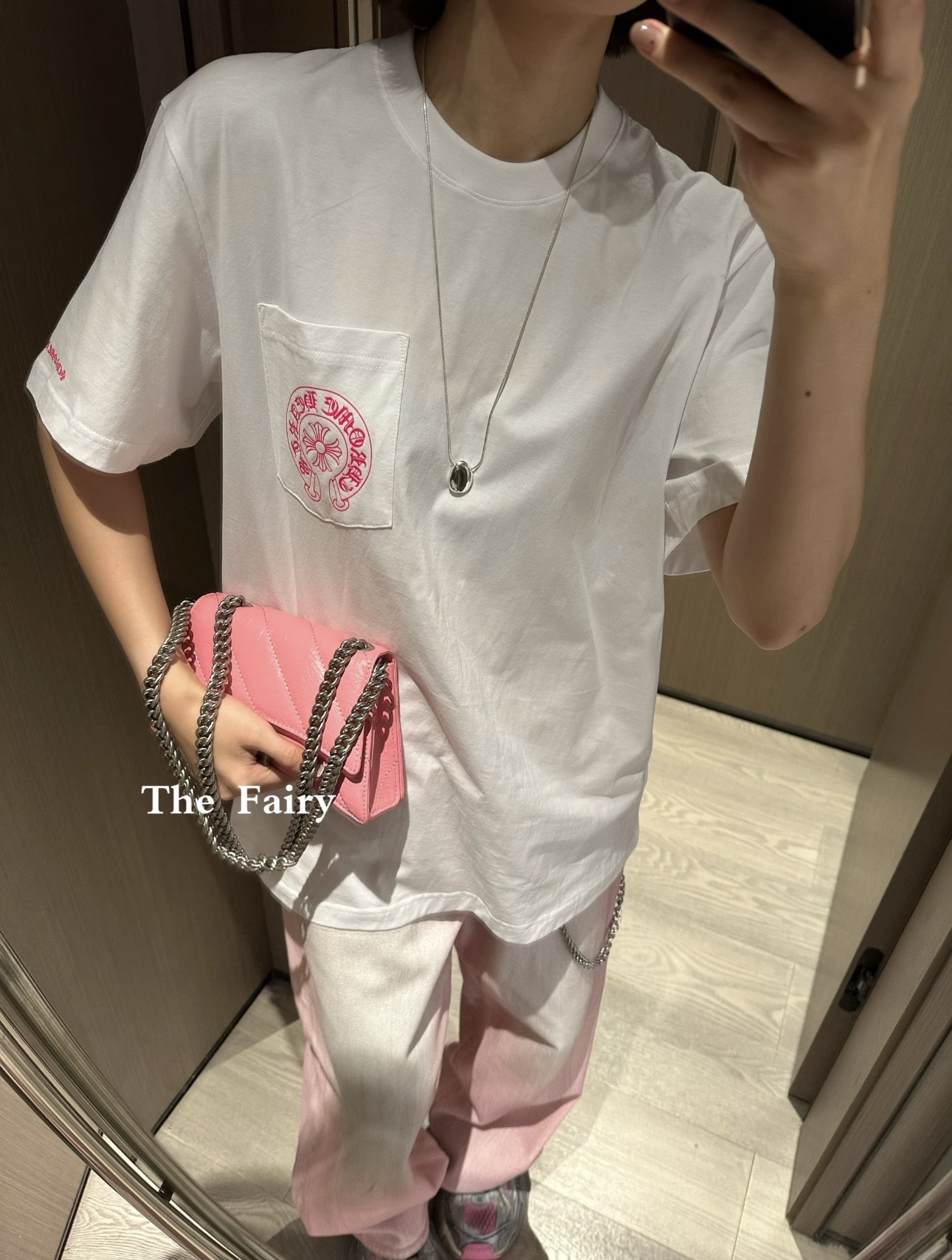 Chrome Hearts Pink Horseshoe Cross Print White T-Shirt