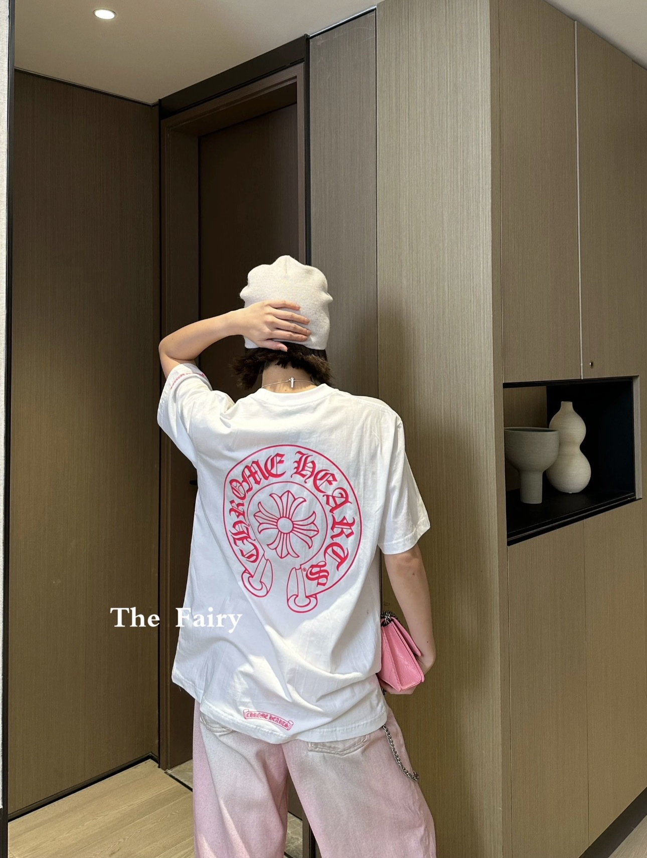 Chrome Hearts Pink Horseshoe Cross Print White T-Shirt