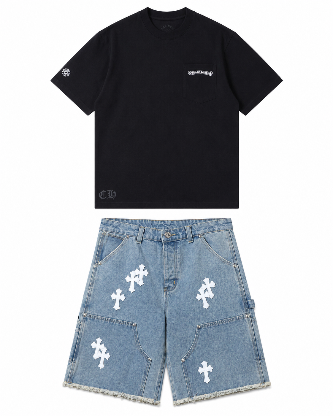 Chrome Hearts Set Denim Shorts + Pink Sword Print T-Shirt