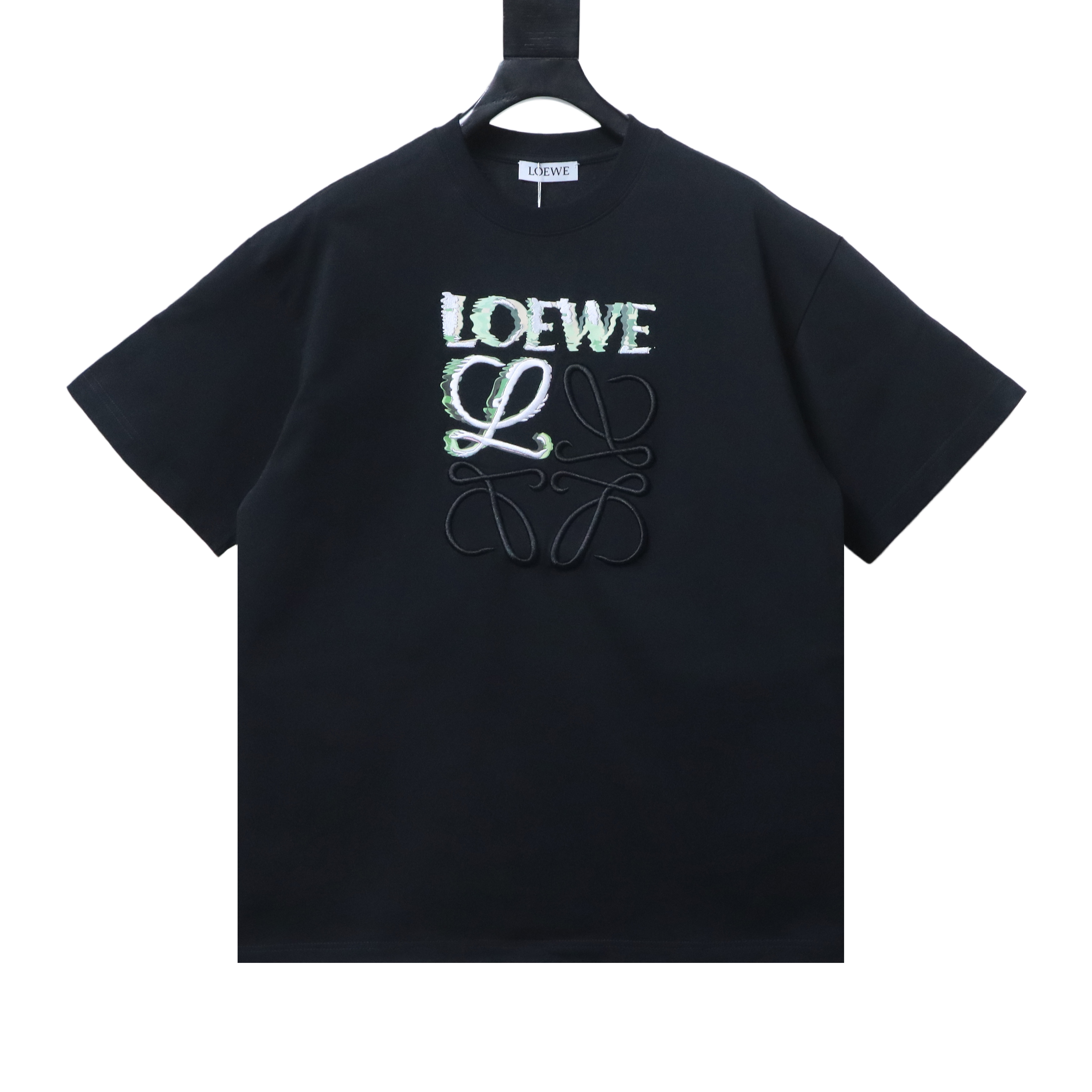 Loewe 24SS Graffiti Embroidery Black Tee White Green Gradient