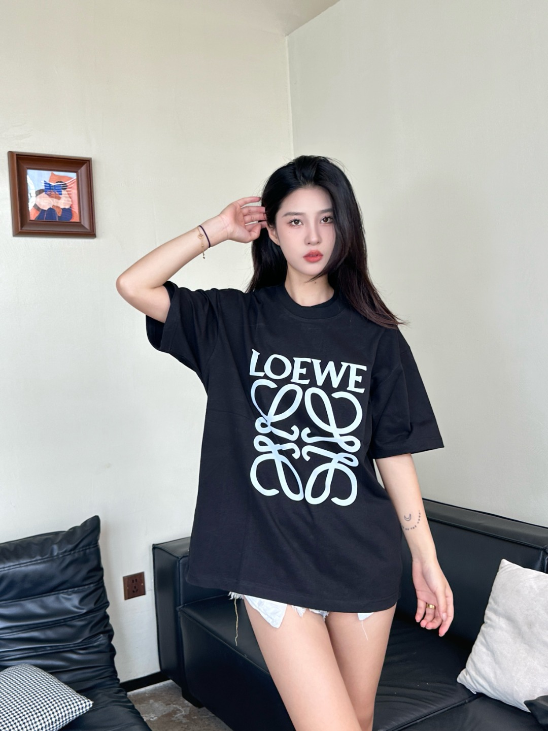 Loewe 25SS Clover Print Black Tee White Print