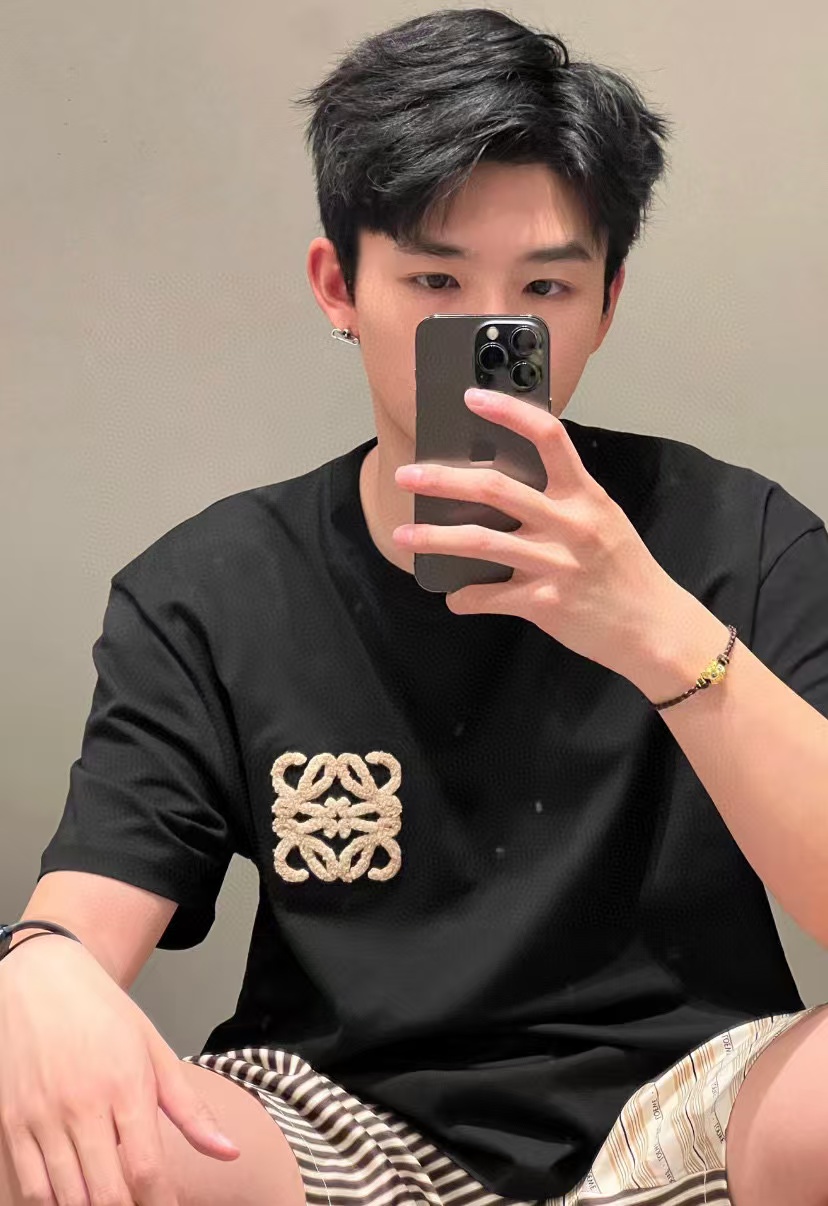 LOEWE 25SS Towel Embroidery Black Tee Chest Logo