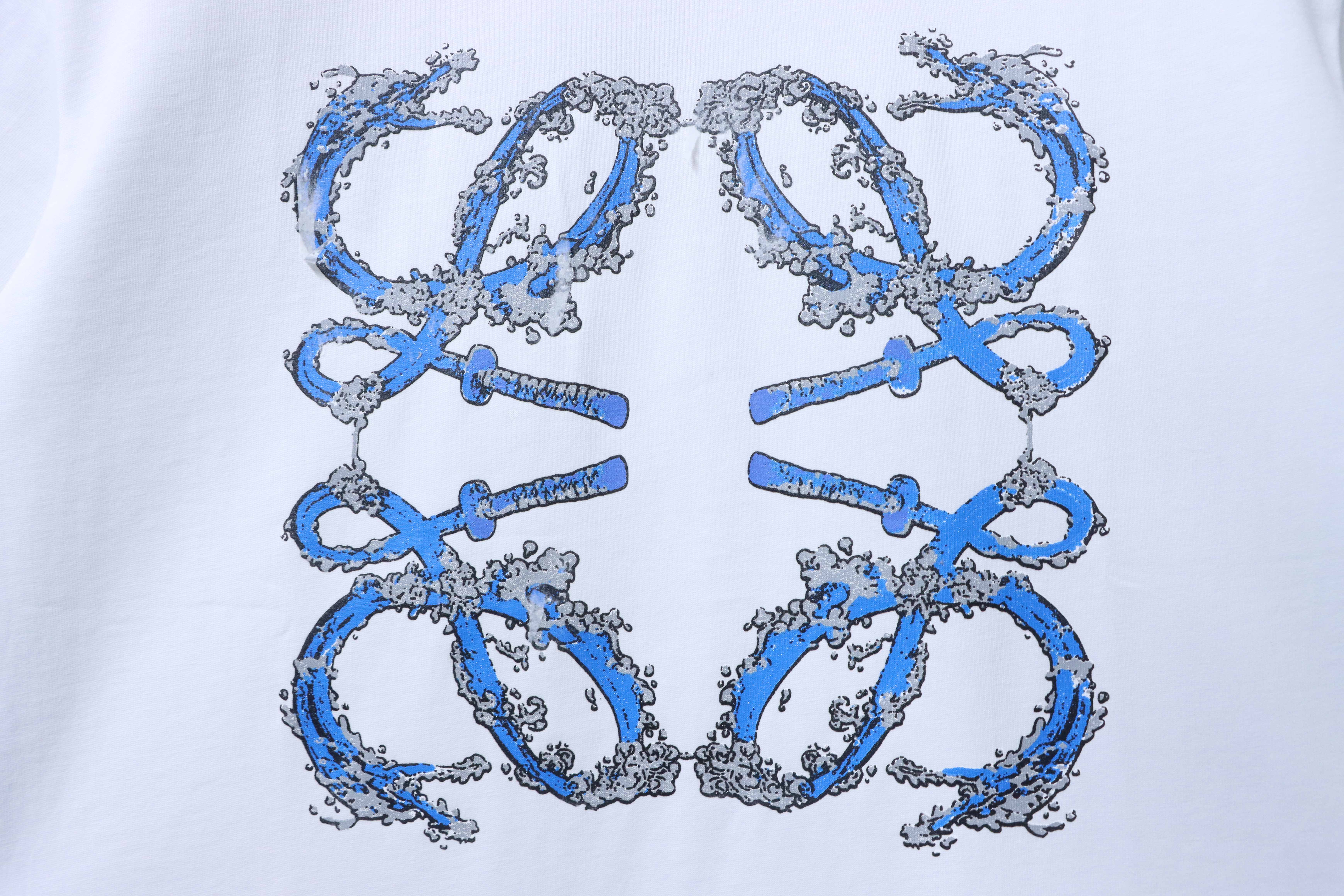 Loewe 25SS Wave Dragon Print White Tee Blue Logo Elements