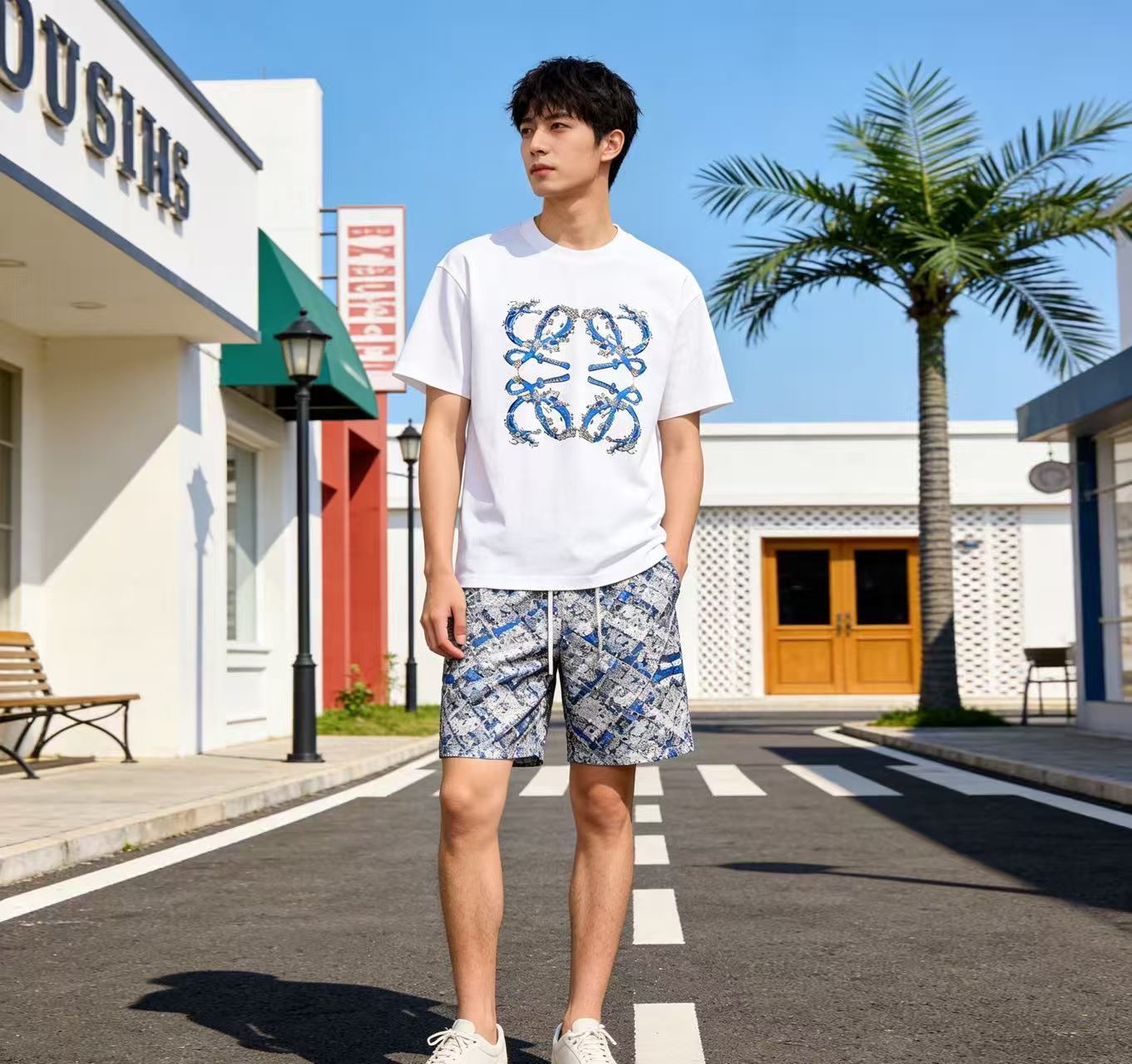 Loewe 25SS Wave Dragon Print White Tee Blue Logo Elements