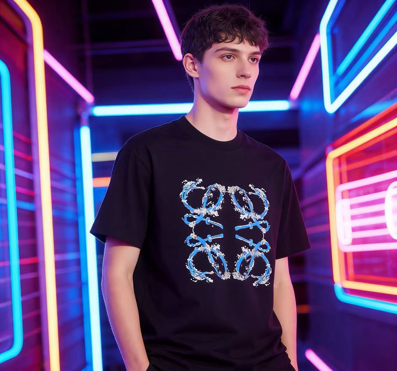 Loewe 25SS Wave Dragon Print Black Tee Blue Logo Elements