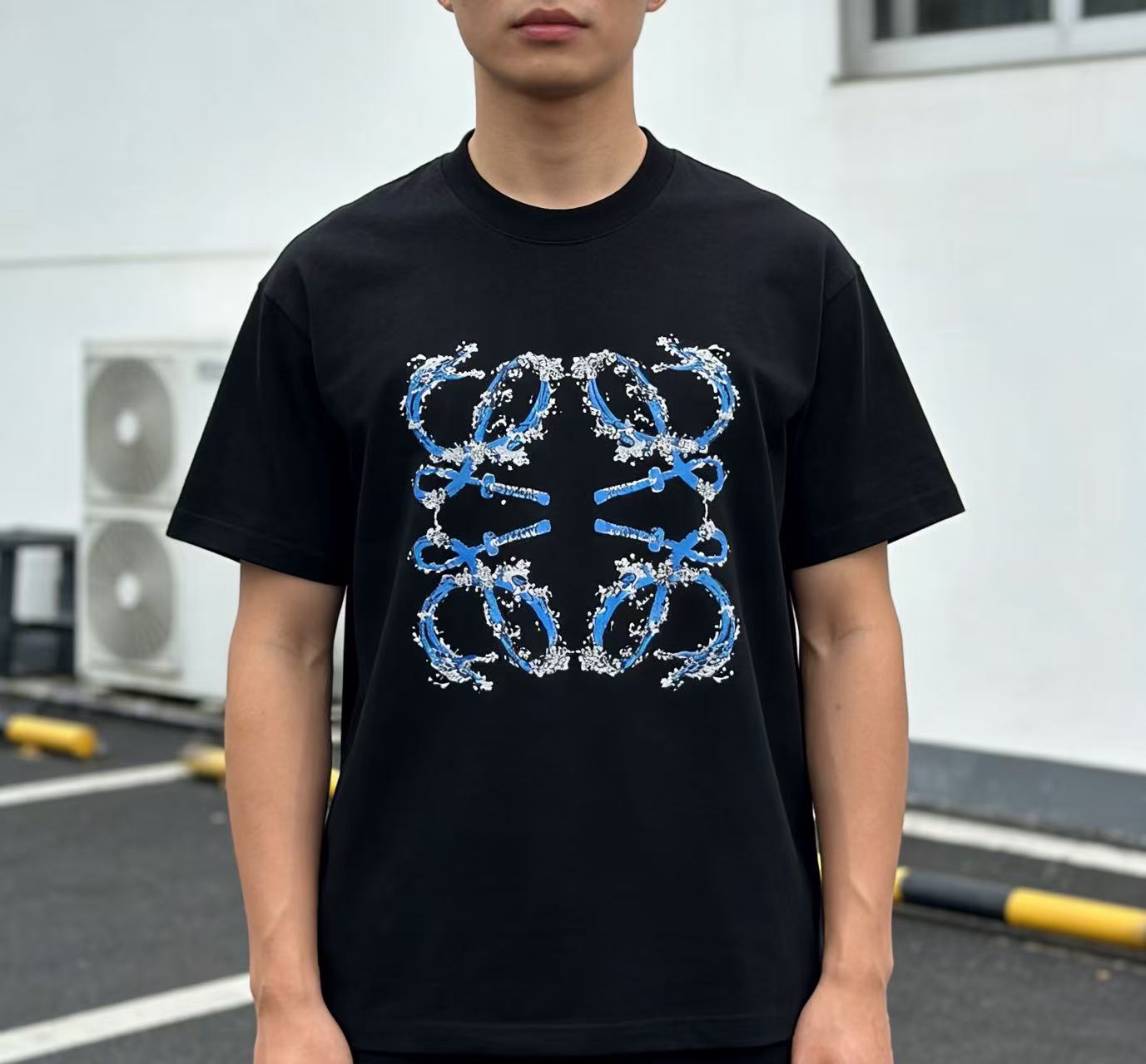 Loewe 25SS Wave Dragon Print Black Tee Blue Logo Elements