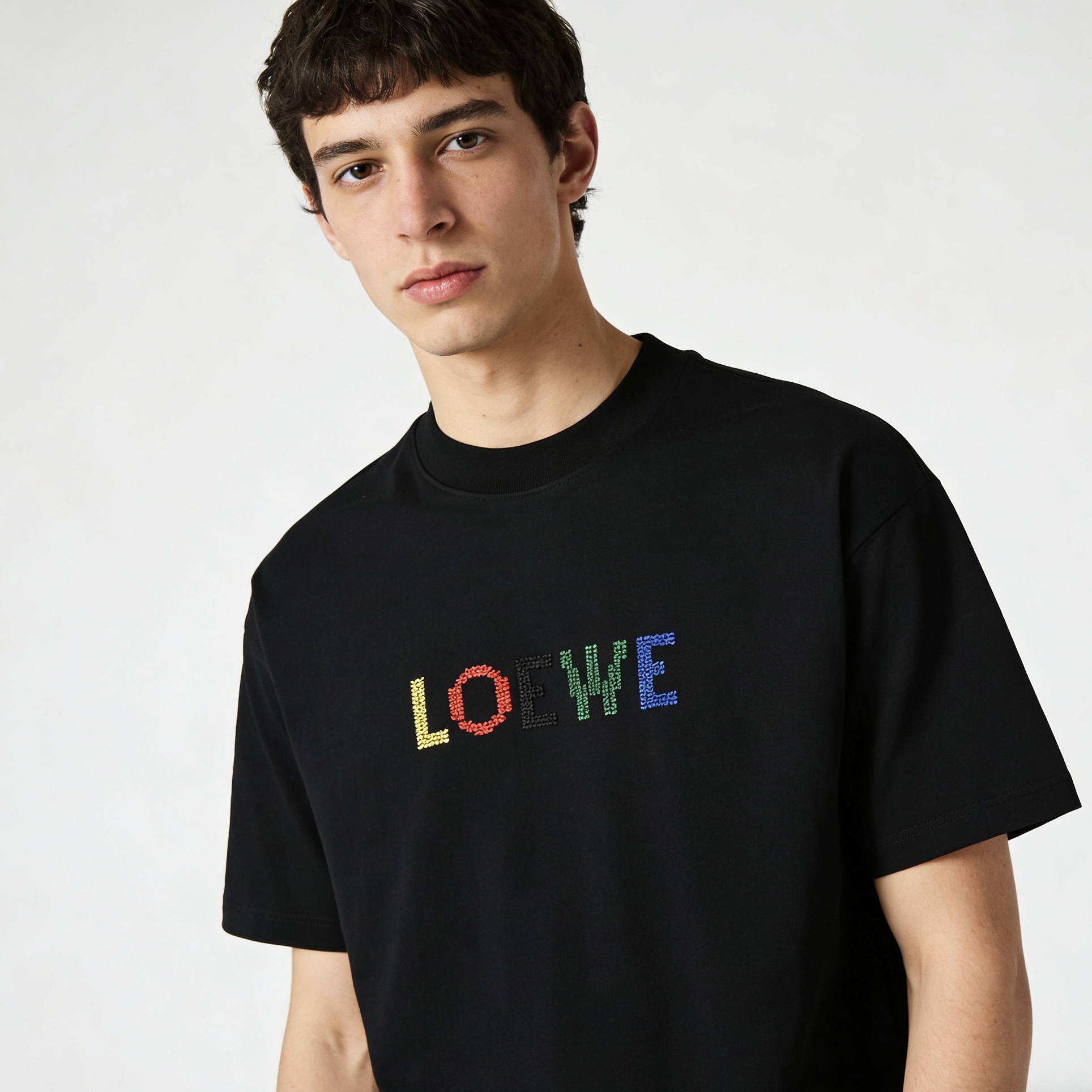 Loewe 26SS Color Logo Embroidery Black Tee Front Back Logo