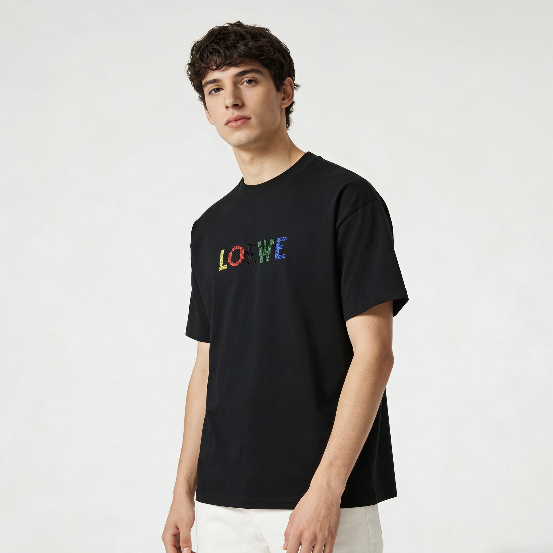 Loewe 26SS Color Logo Embroidery Black Tee Front Back Logo