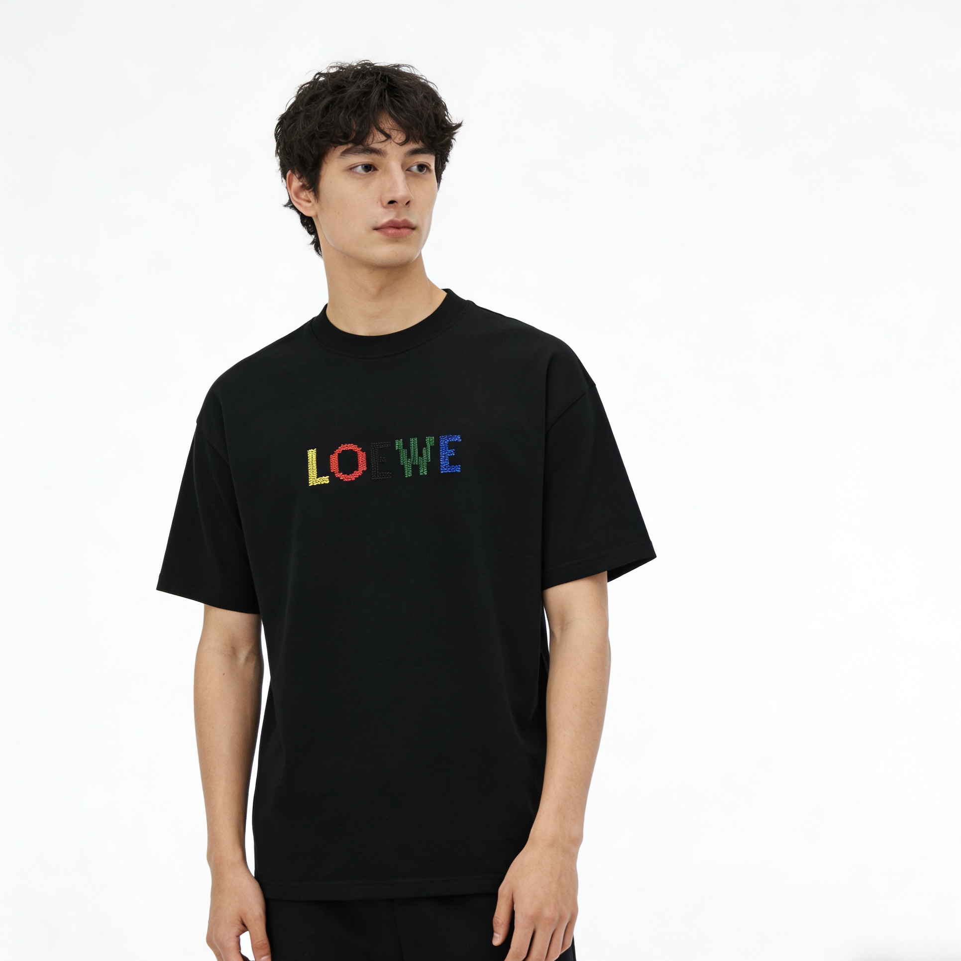Loewe 26SS Color Logo Embroidery Black Tee Front Back Logo