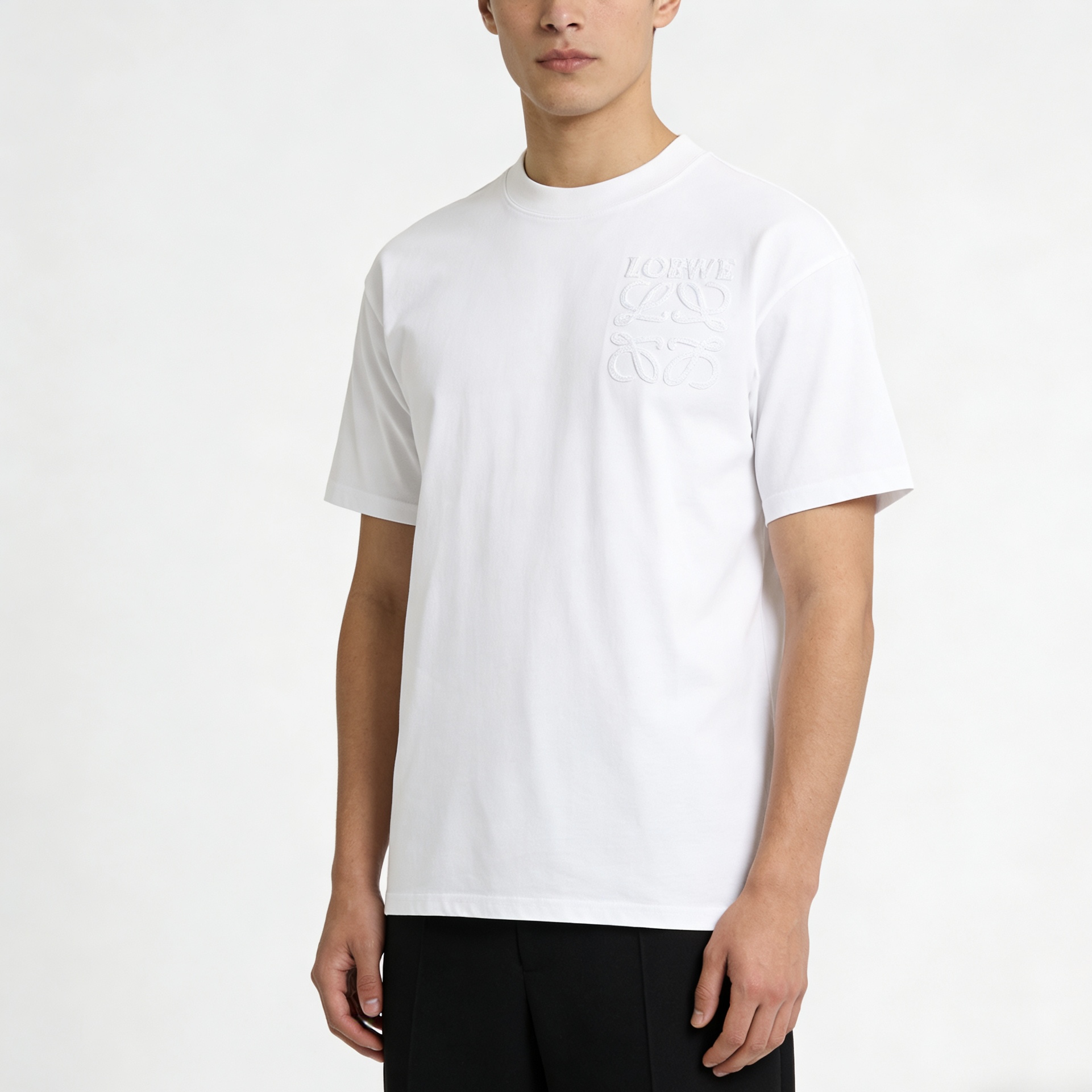 Loewe 26SS White T-Shirt Front Back White Embroidery Woven Pattern