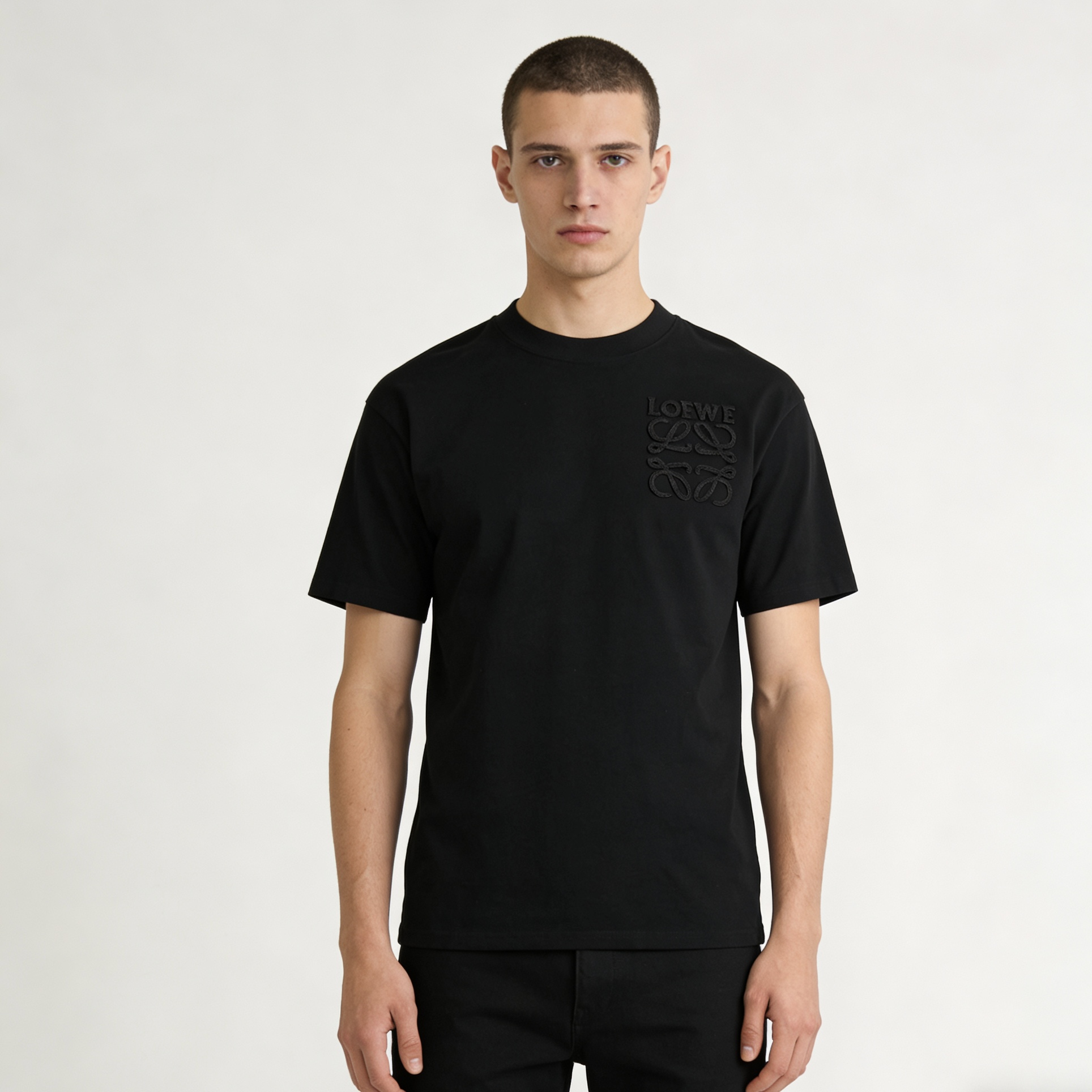 Loewe 26SS Dark Pattern Woven Embroidery Black Tee Black Stitch