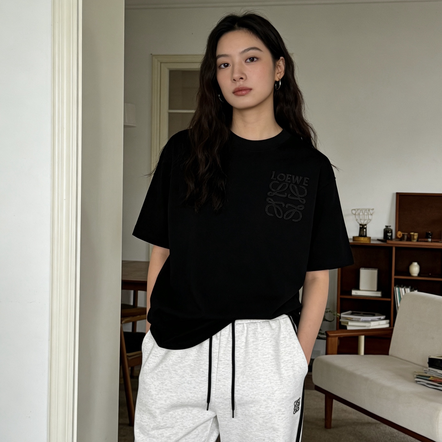 Loewe 26SS Dark Pattern Woven Embroidery Black Tee Black Stitch