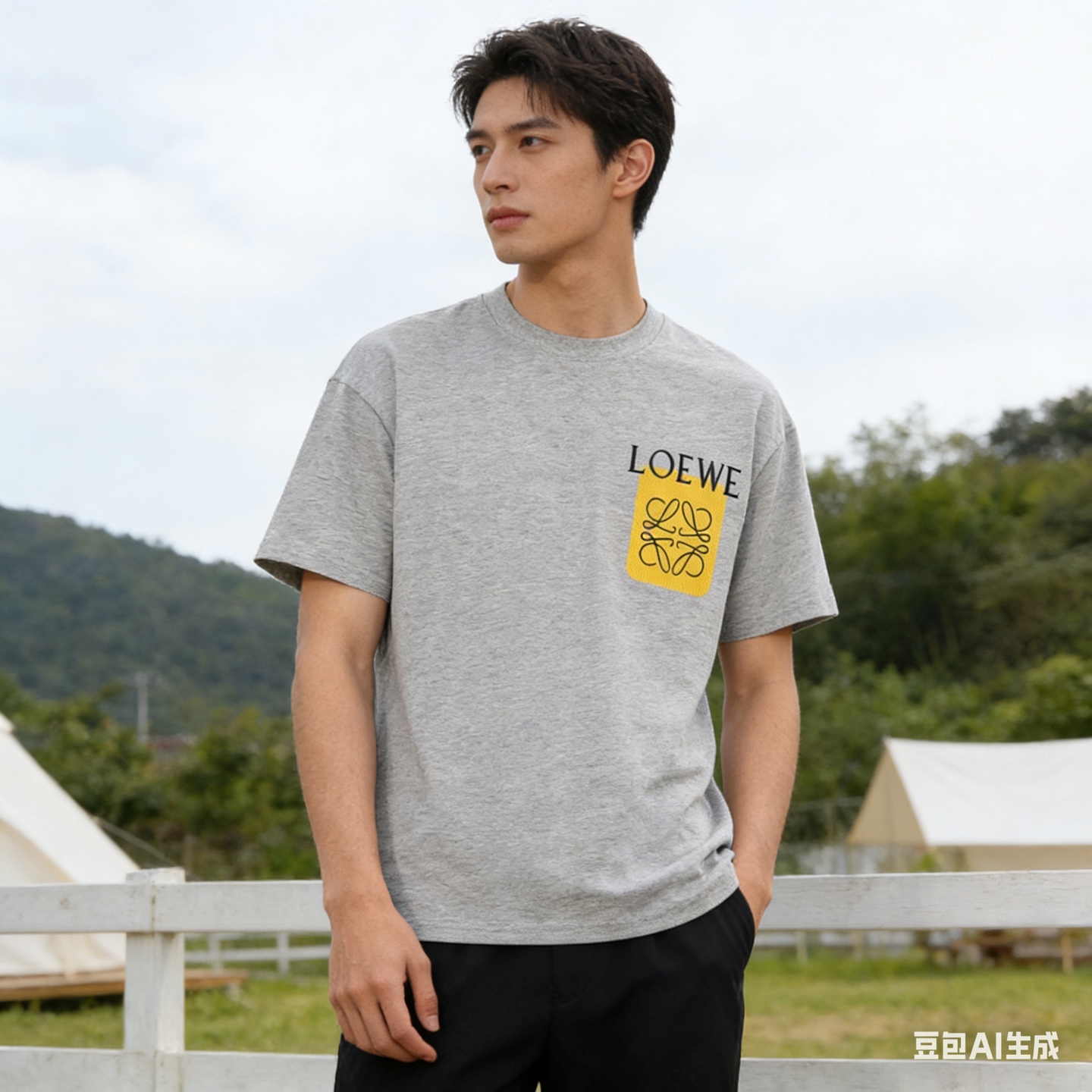 Loewe 26SS Fake Pocket Logo Tee Grey Yellow Logo