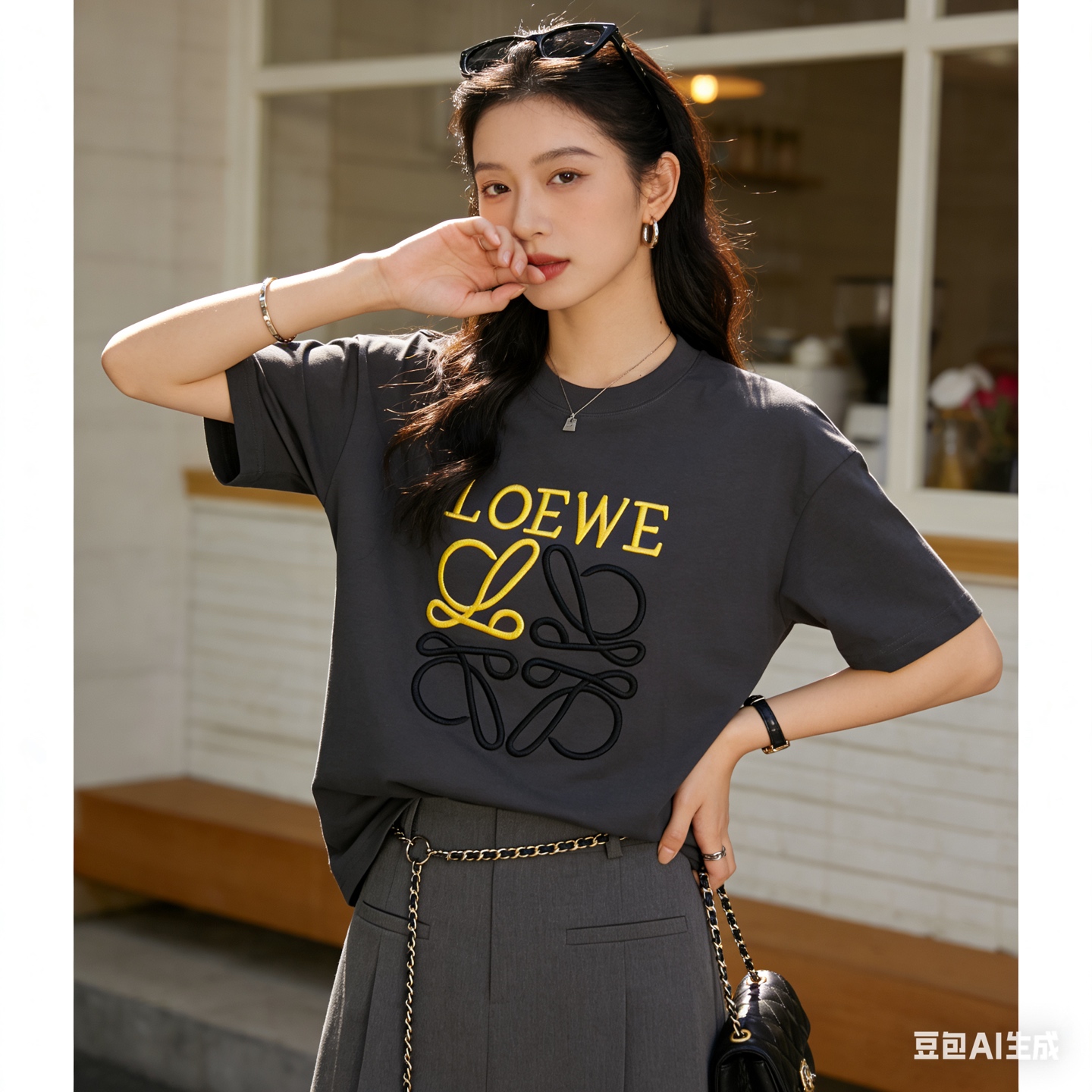 Loewe Chest Embroidery Black Tee Yellow Logo