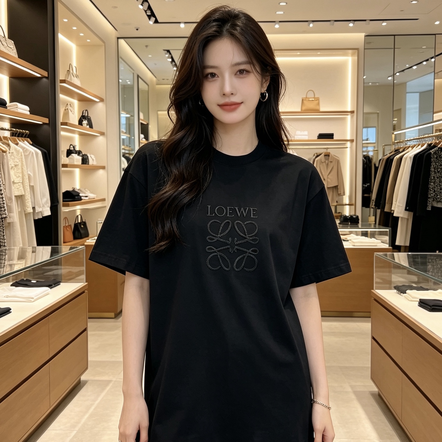 LOEWE Dark Pattern Embroidery Black Tee Black Logo