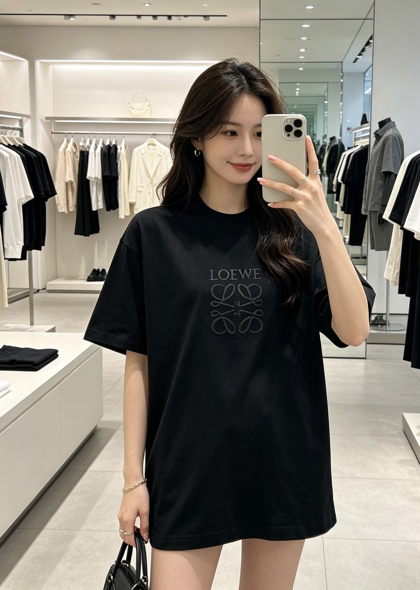 LOEWE Dark Pattern Embroidery Black Tee Black Logo