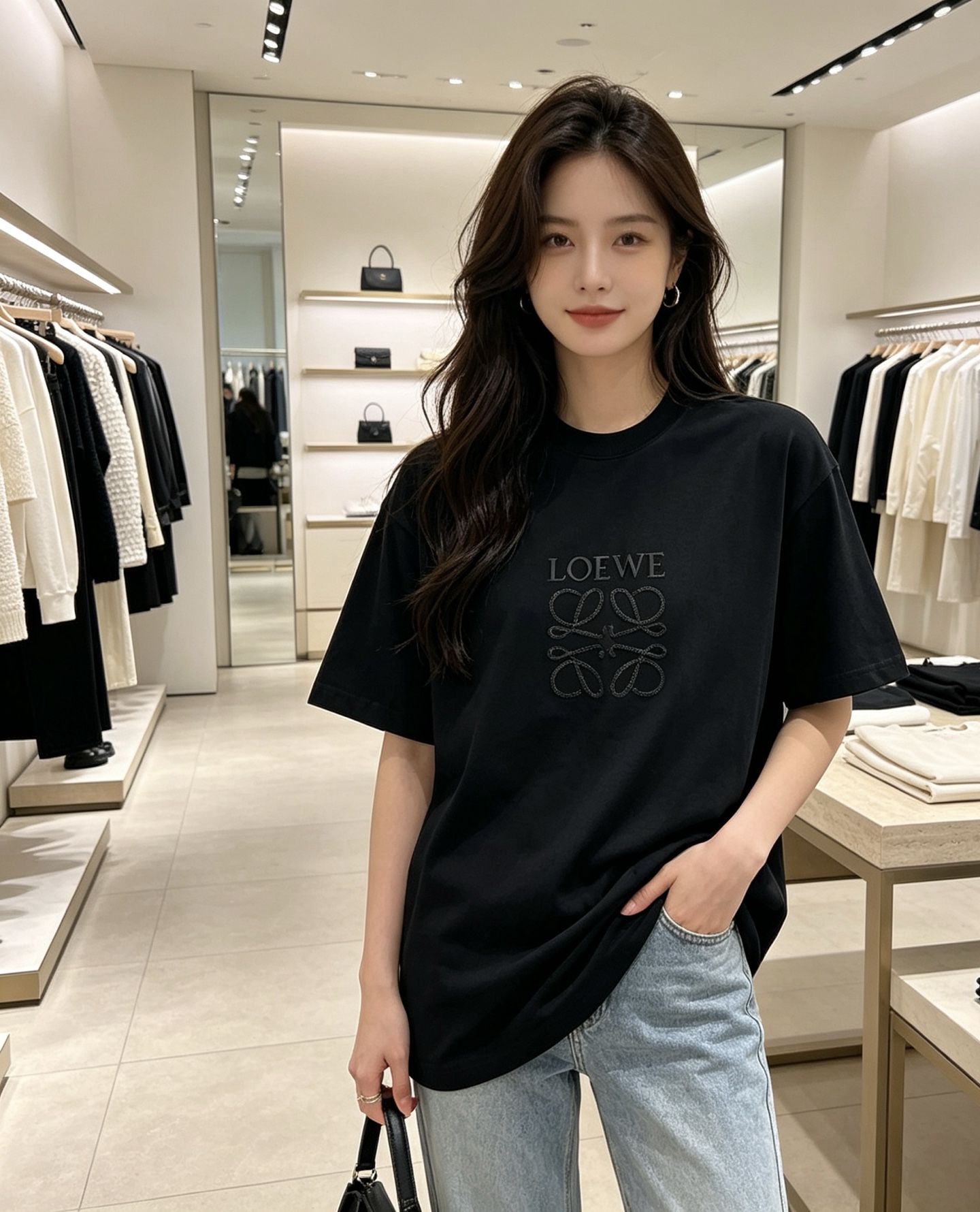 LOEWE Dark Pattern Embroidery Black Tee Black Logo