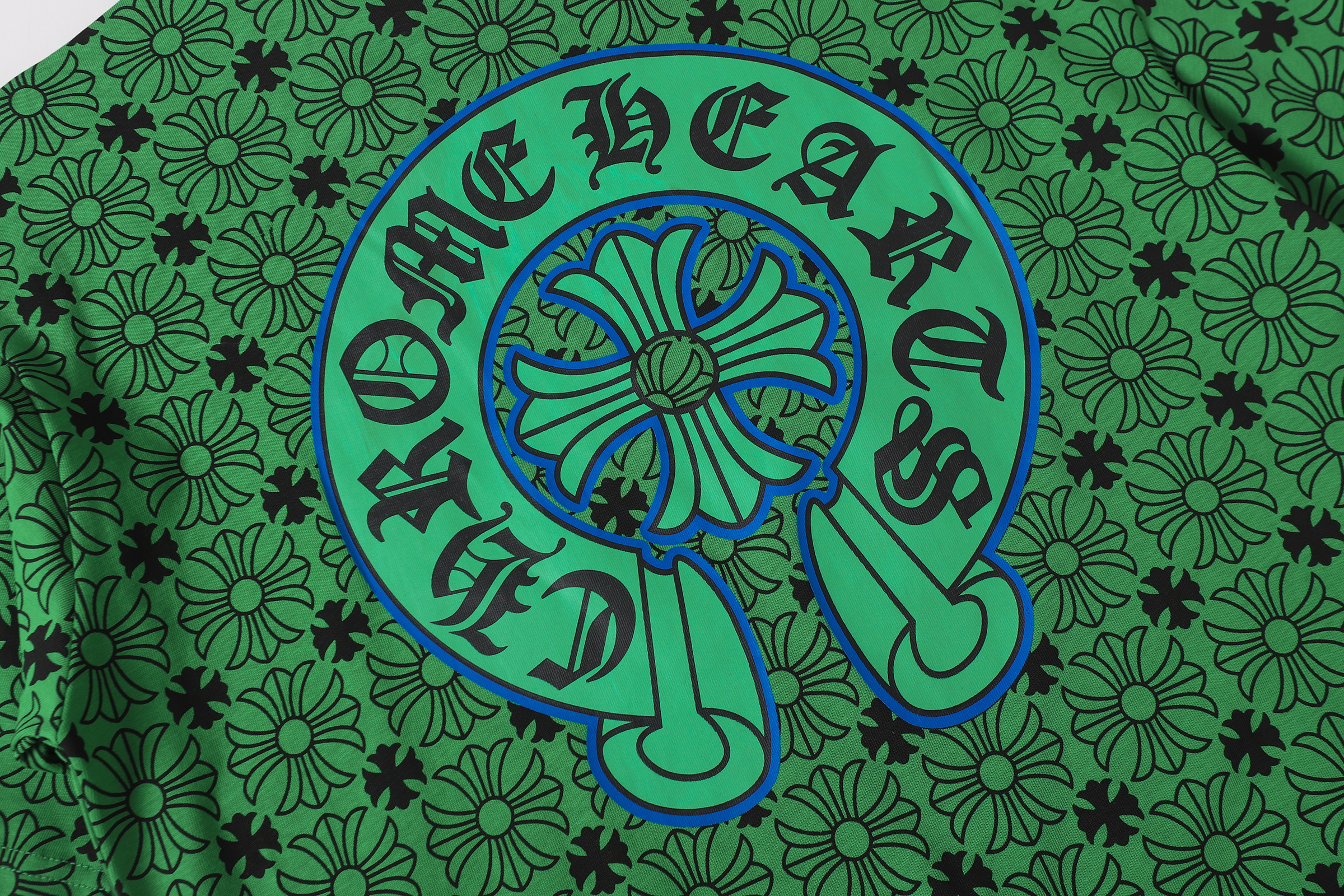Chrome Hearts Green Monogram Floral Cross Horseshoe Logo Short Sleeve T-Shirt