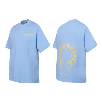 Chrome Hearts Light Blue Horseshoe Logo Short Sleeve T-Shirt (Yellow Print) 01
