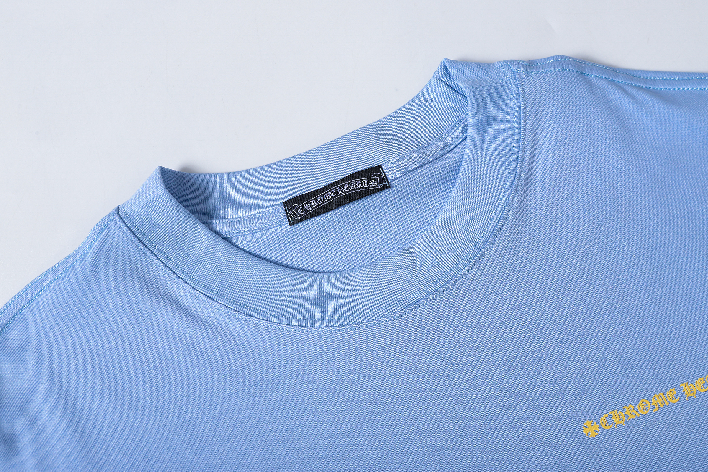 Chrome Hearts Light Blue Horseshoe Logo Short Sleeve T-Shirt (Yellow Print)