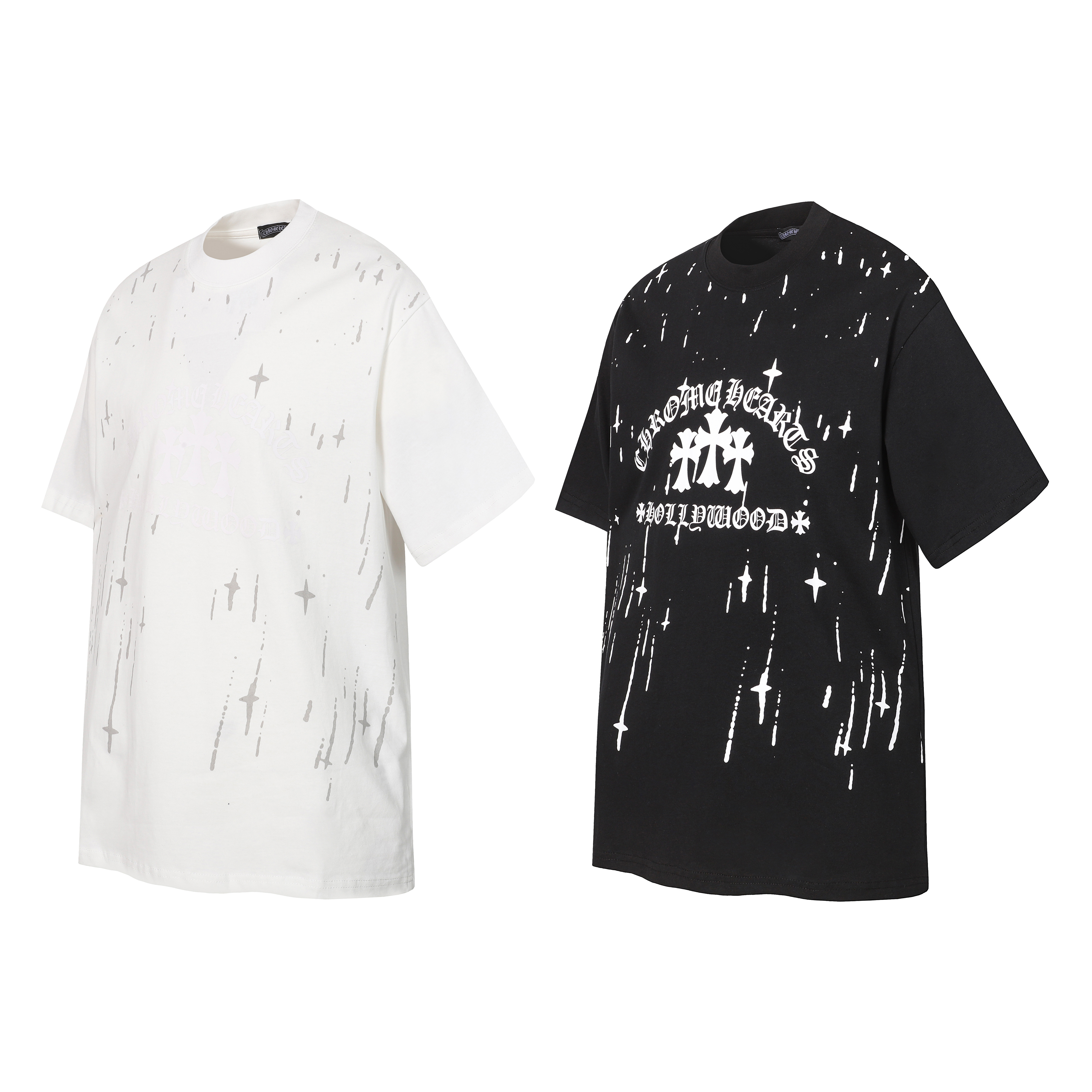 Chrome Hearts White/Black Reversible Shooting Star Splatter Cross Short Sleeve T-Shirt