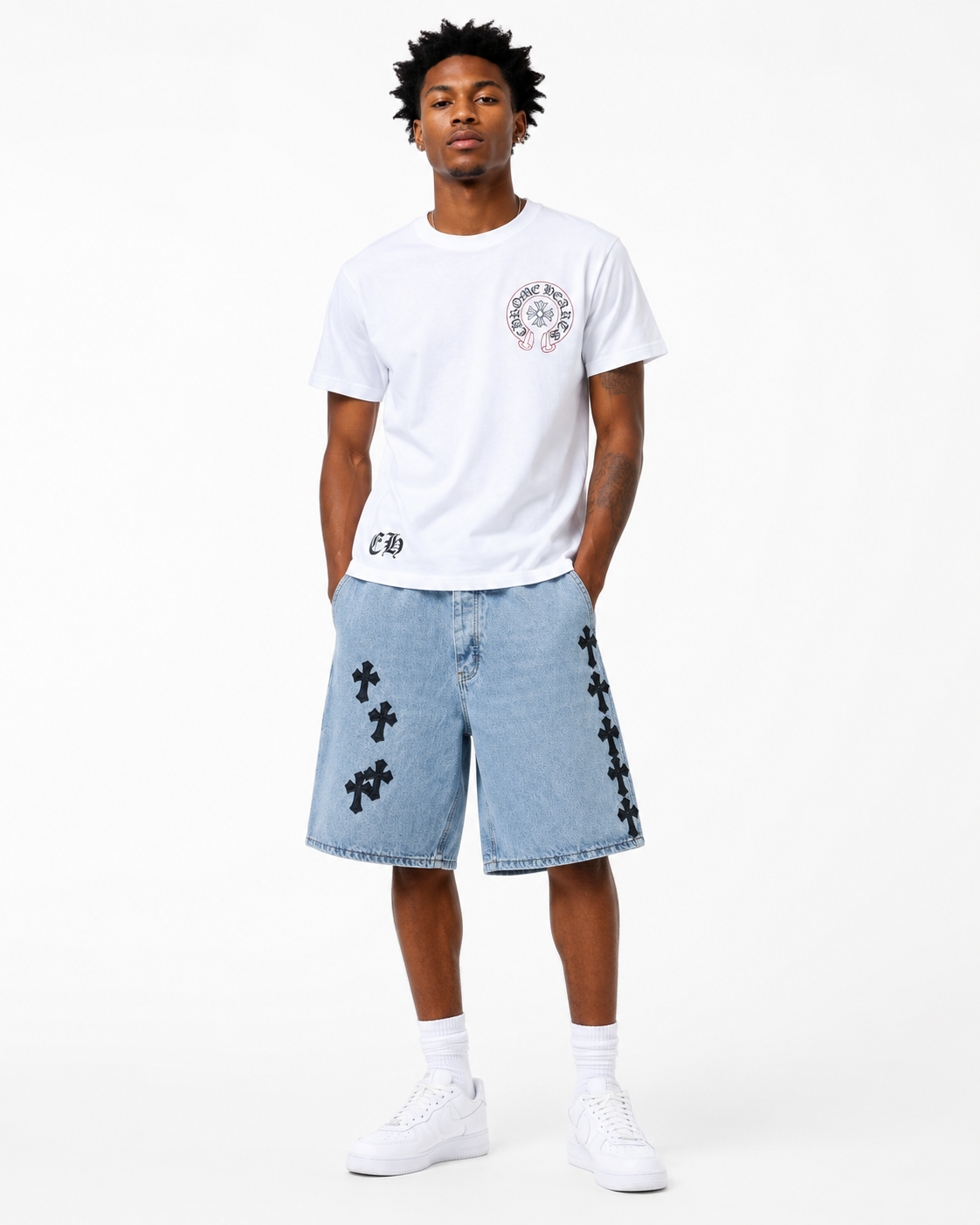 Chrome Hearts Set Denim Shorts + Horseshoe Logo Print White T-Shirt