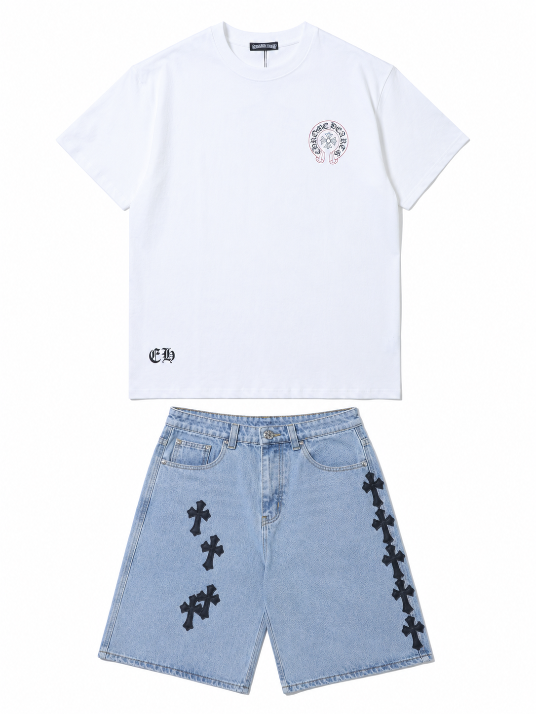 Chrome Hearts Set Denim Shorts + Horseshoe Logo Print White T-Shirt