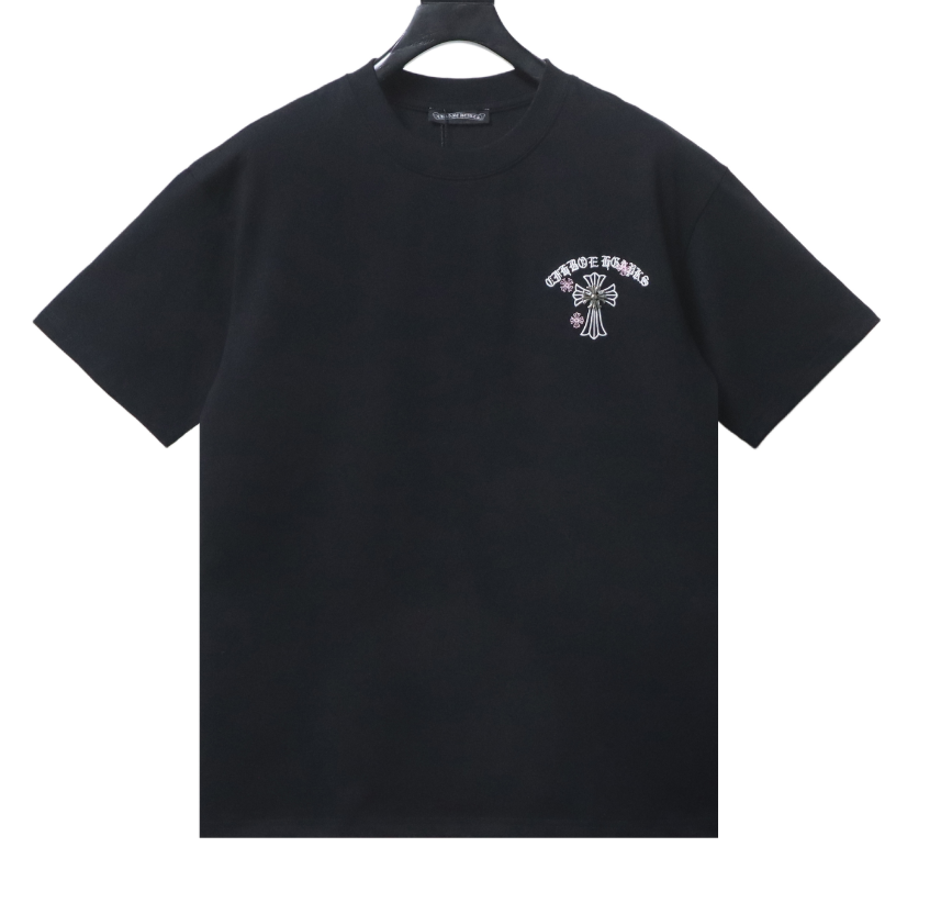Chrome Hearts Set Denim Shorts + Sanskrit Cross Embroidery Black T-Shirt