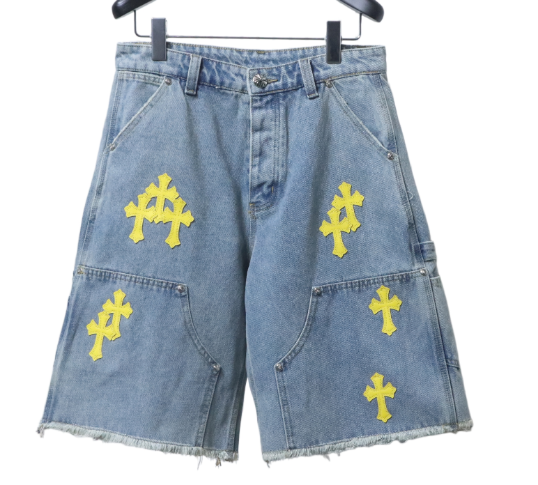 Chrome Hearts Set Denim Shorts + Sanskrit Cross Embroidery Black T-Shirt