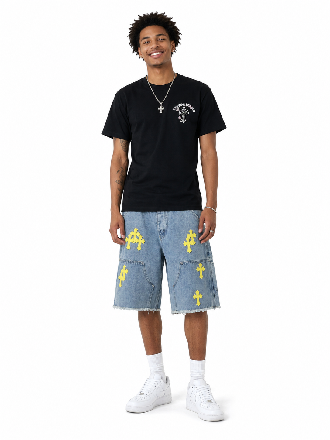 Chrome Hearts Set Denim Shorts + Sanskrit Cross Embroidery Black T-Shirt