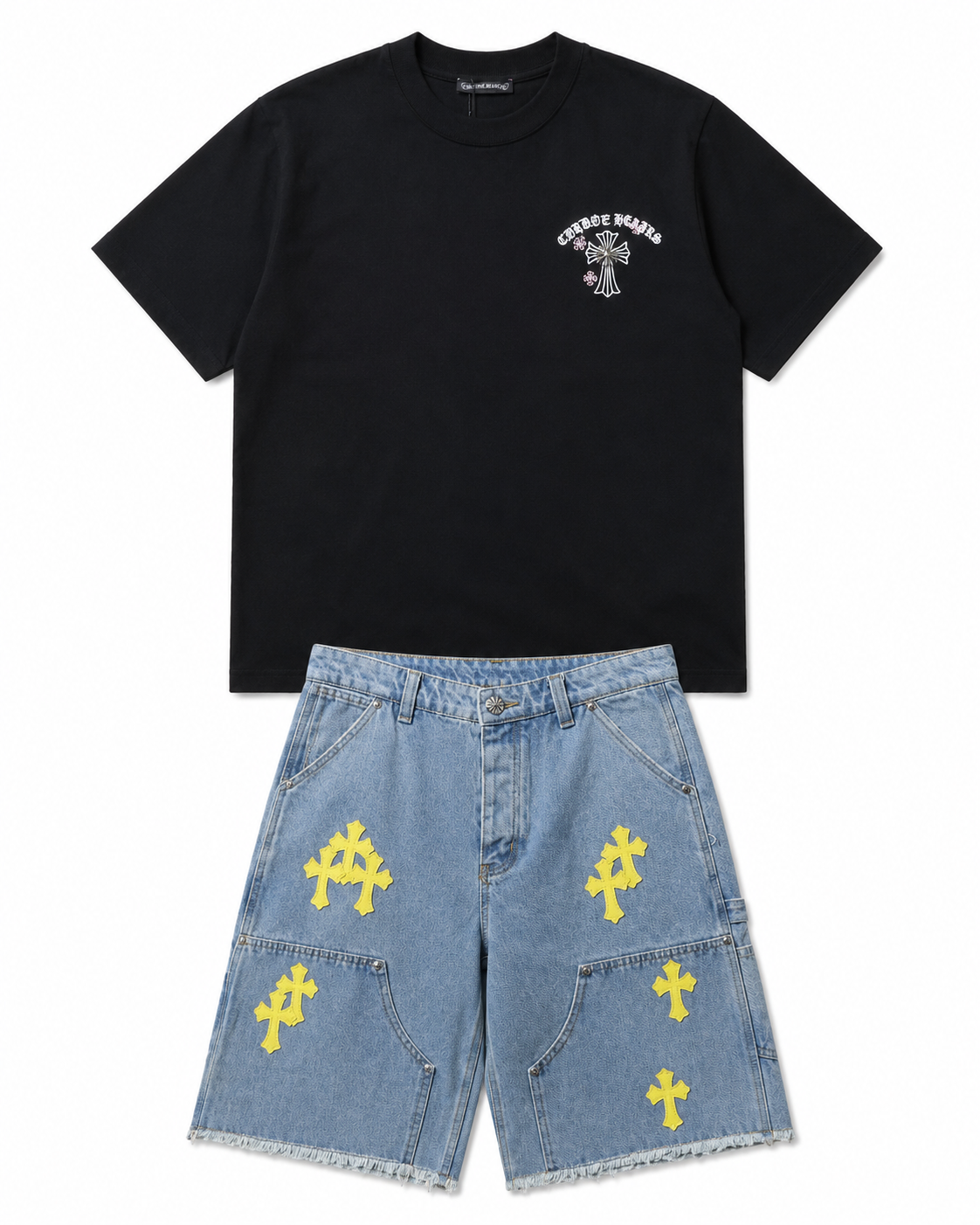 Chrome Hearts Set Denim Shorts + Sanskrit Cross Embroidery Black T-Shirt