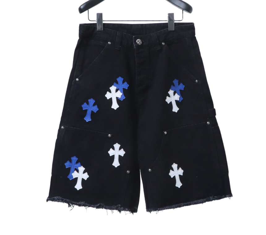 Chrome Hearts Set Black Denim Shorts + Horseshoe Logo Print Black T-Shirt