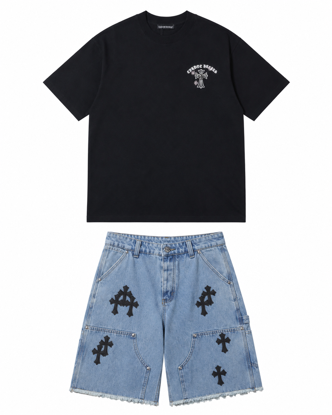 Chrome Hearts Set Black Denim Shorts + Horseshoe Logo Print Black T-Shirt