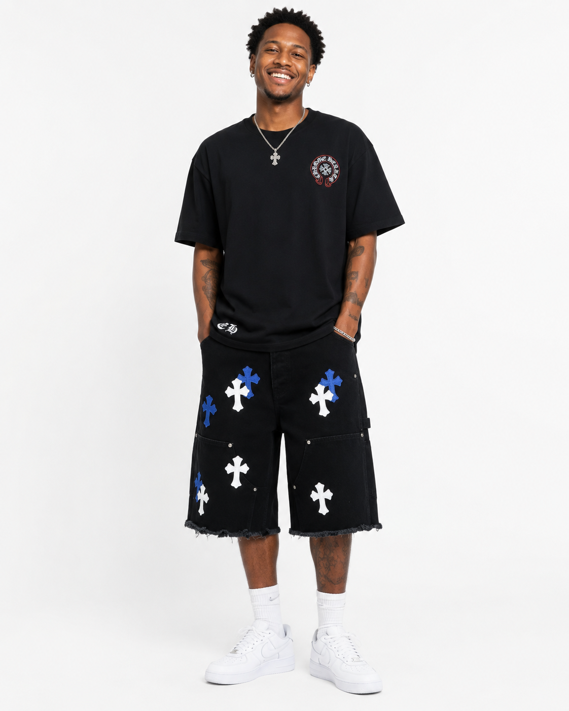 Chrome Hearts Set Black Denim Shorts + Horseshoe Logo Print Black T-Shirt