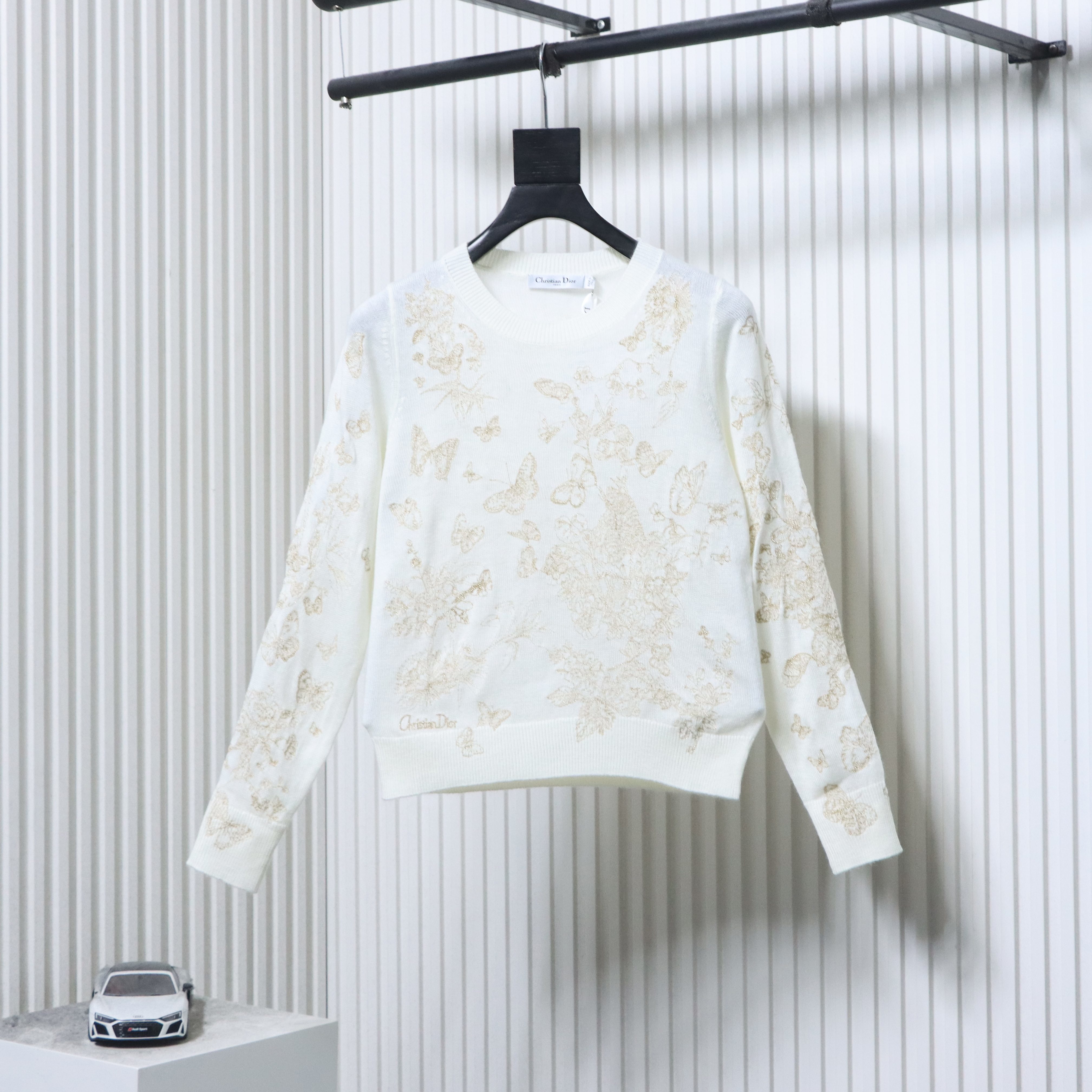 Christian Dior Gold Thread Butterfly Floral Cashmere Knit Sweater